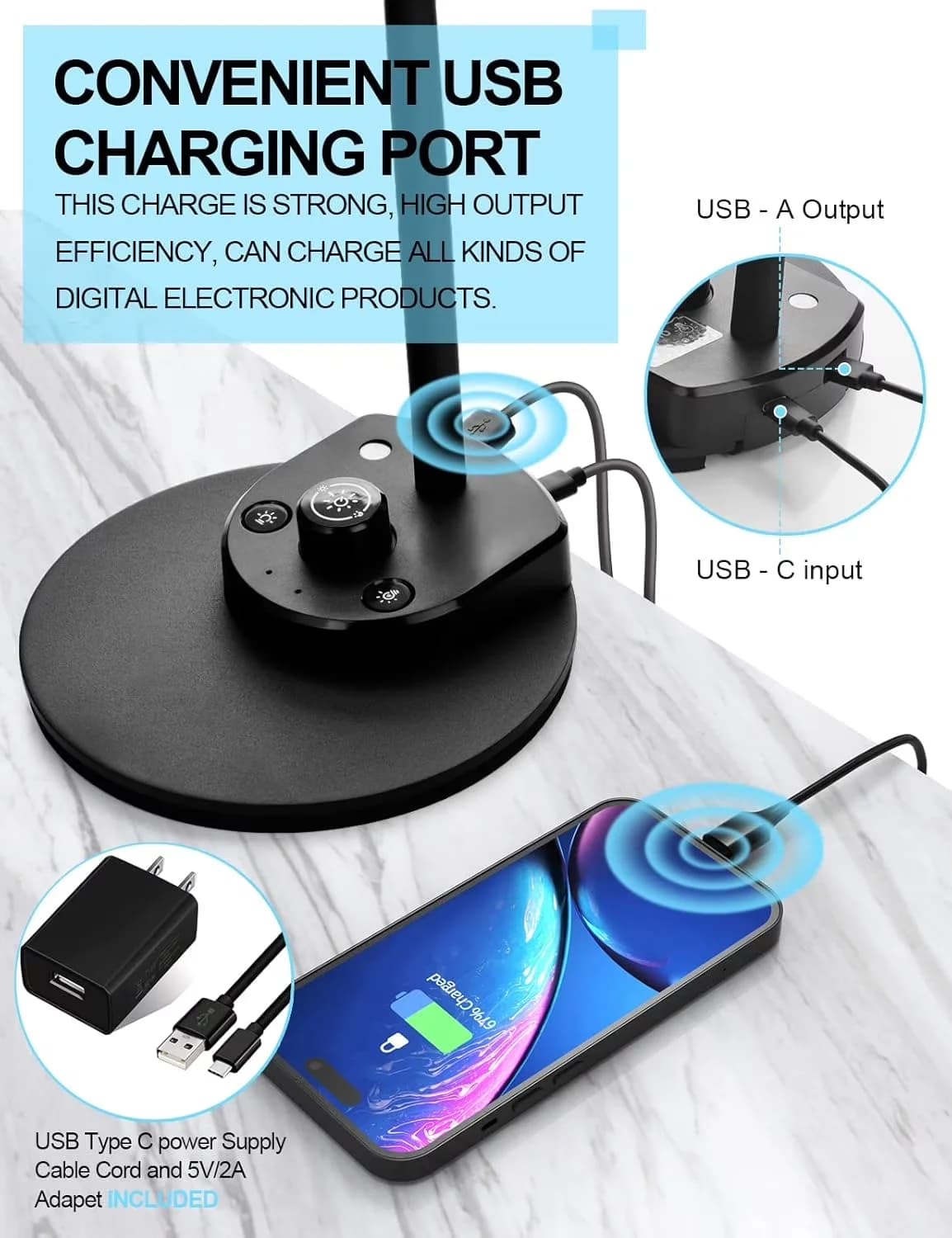 Desk Lamp Premium with LED, Energy Efficient - Black Metal Charging - Compact and Portable Model 483318
