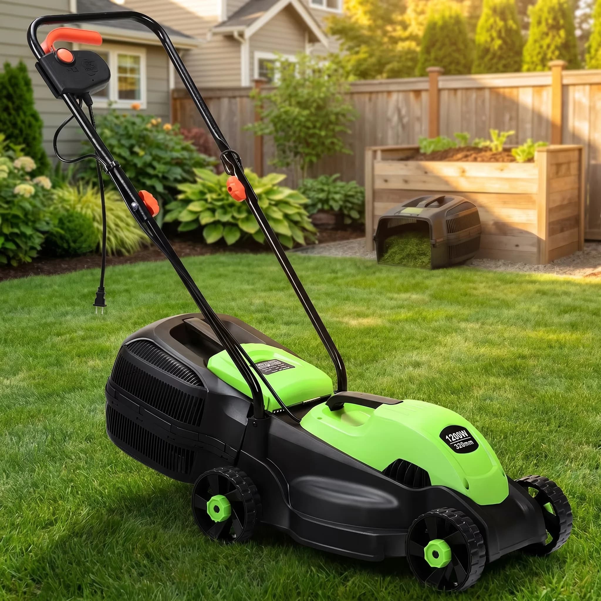 Professional Push Mower with Adjustable Cutting Height, Green, 14 Inch 12 Amp Electric Corded Lawn - Green Model 89E87A