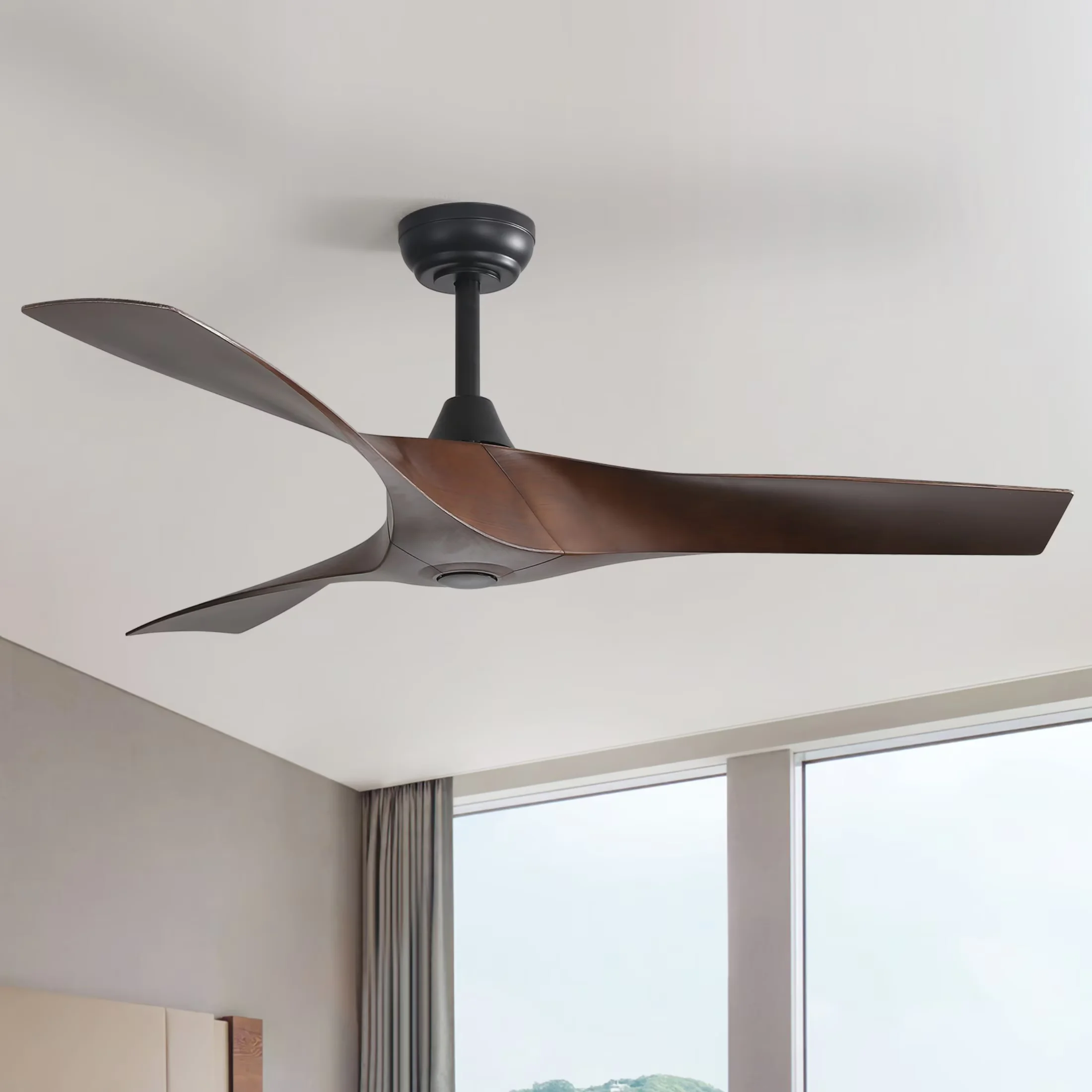 Stylish Ceiling Fan with LED, Dimmable, 52" Matte Black Modern ABS - White Wood Model 7D9C38