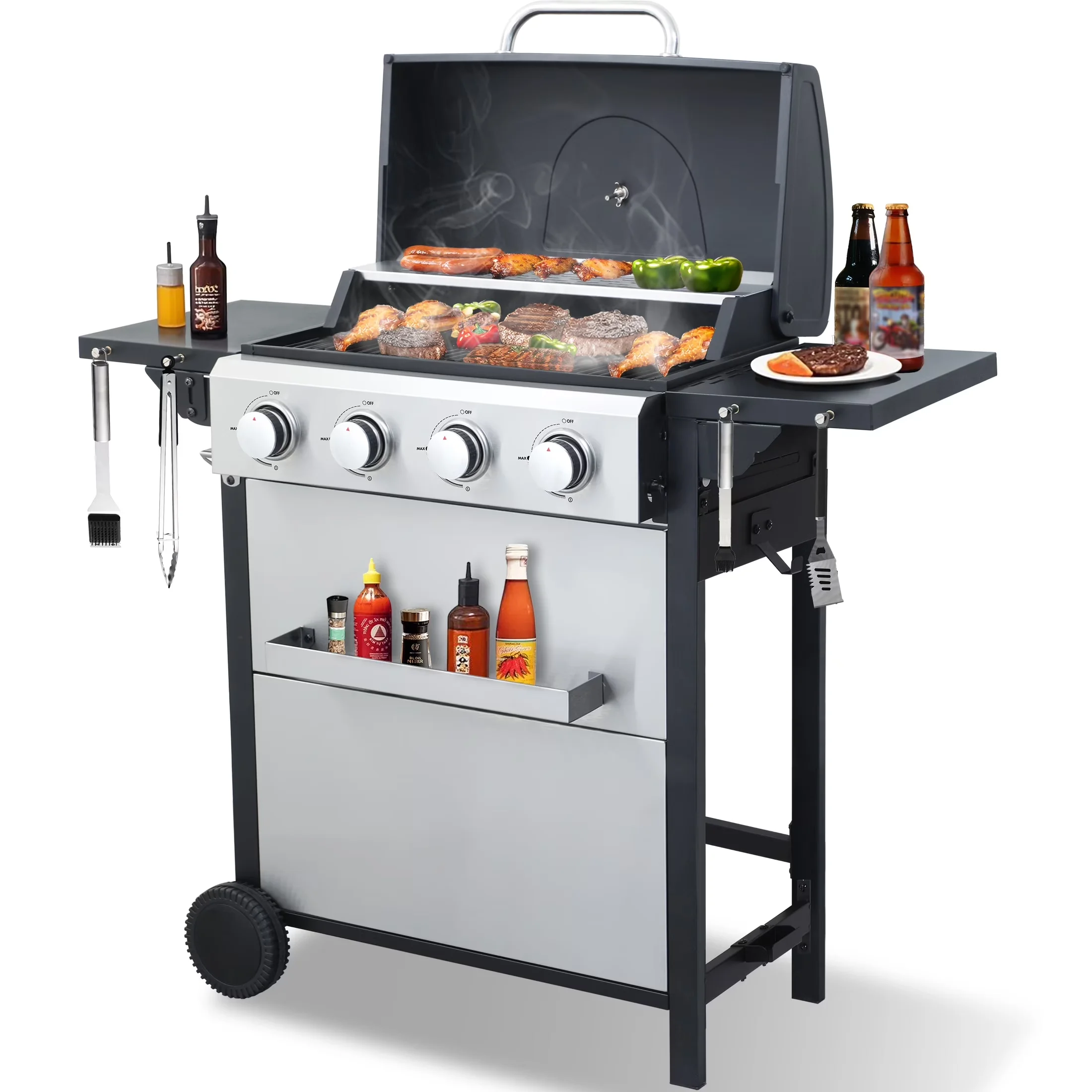 Gas Grill Efficient with 34200 BTU, Warming Rack, Heat Thermometer - Stainless Steel Model 965C09