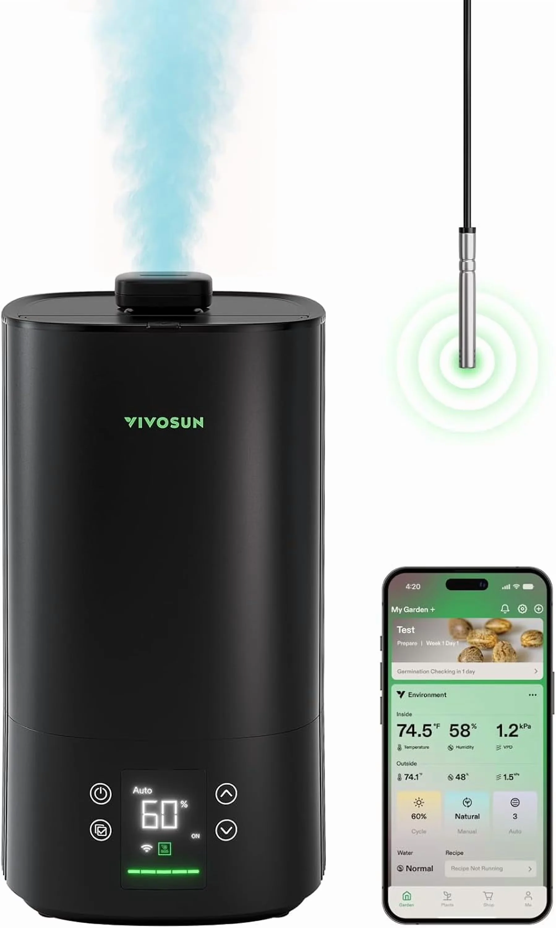 Quality Humidifier with Remote Controlled, Temp & Humidity Probe, Intelligent Wi-Fi Humidifier - Black Model 9ADB60