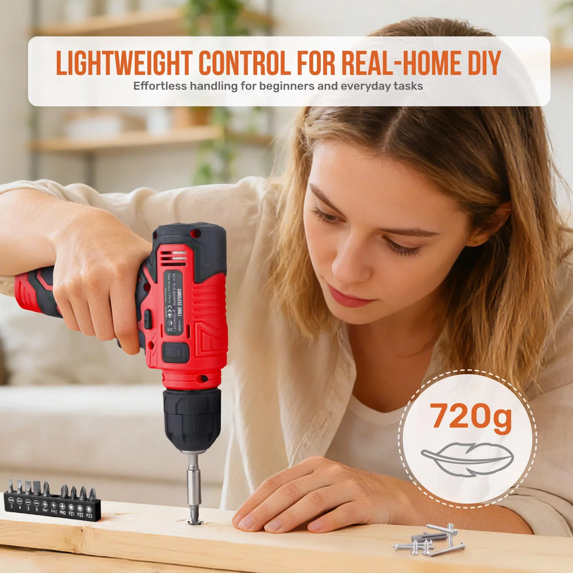 Premium Drills Driver with Battery, Ergonomic Design, 8v Cordless Drill Set & Starter Tool Kit - Red-47-Piece Model 2182BB