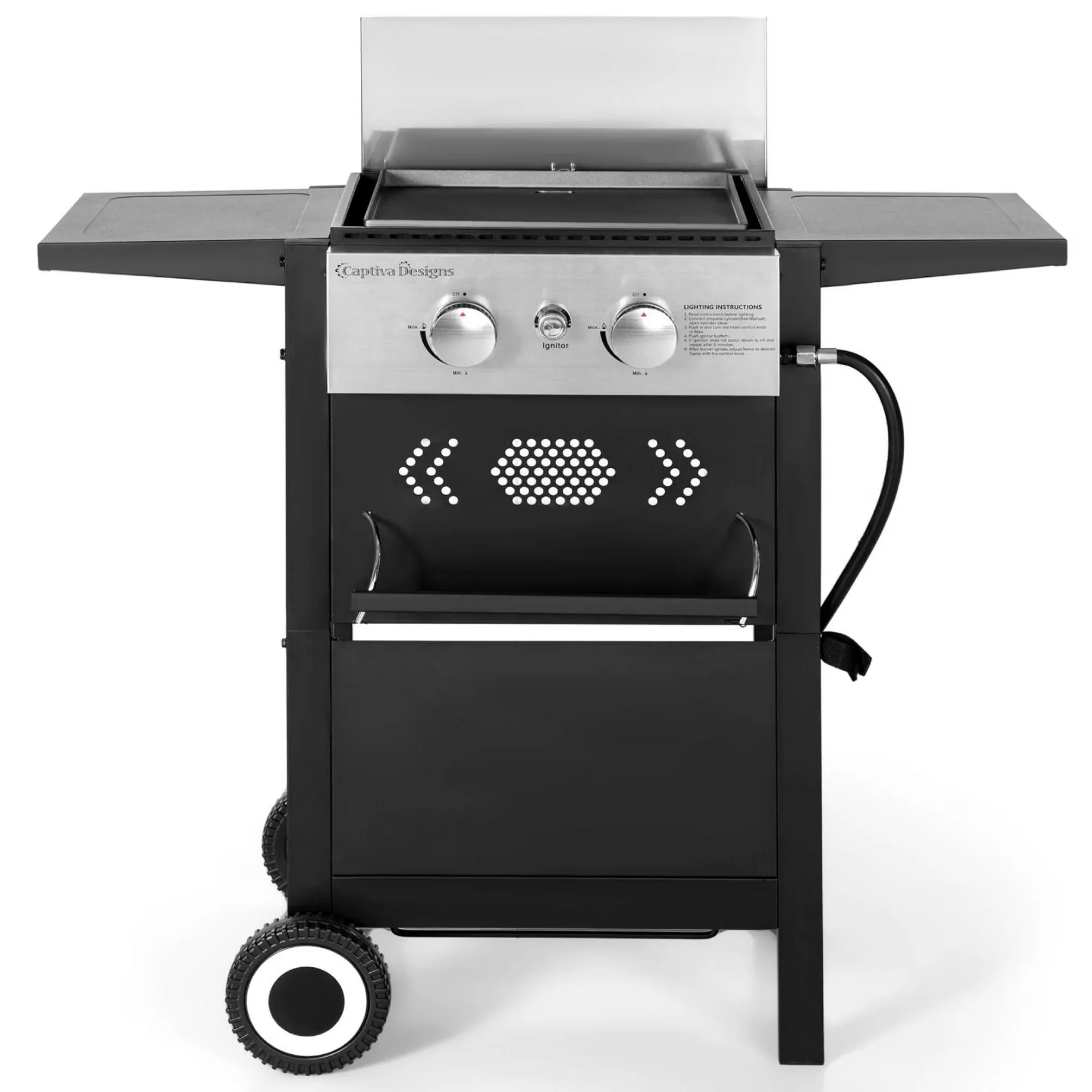 Modern Flat Top Grill with Tool Holder, Side Shelves Black - Alloy Steel Black Model DDA7C0