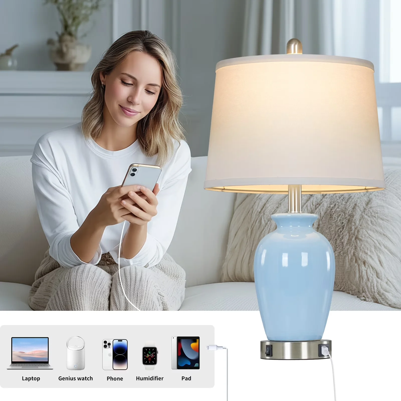 Lamp Set Sleek with LED, Farmhouse - Blue Ceramic, Metal for Living Room, Bedroom Model B35256