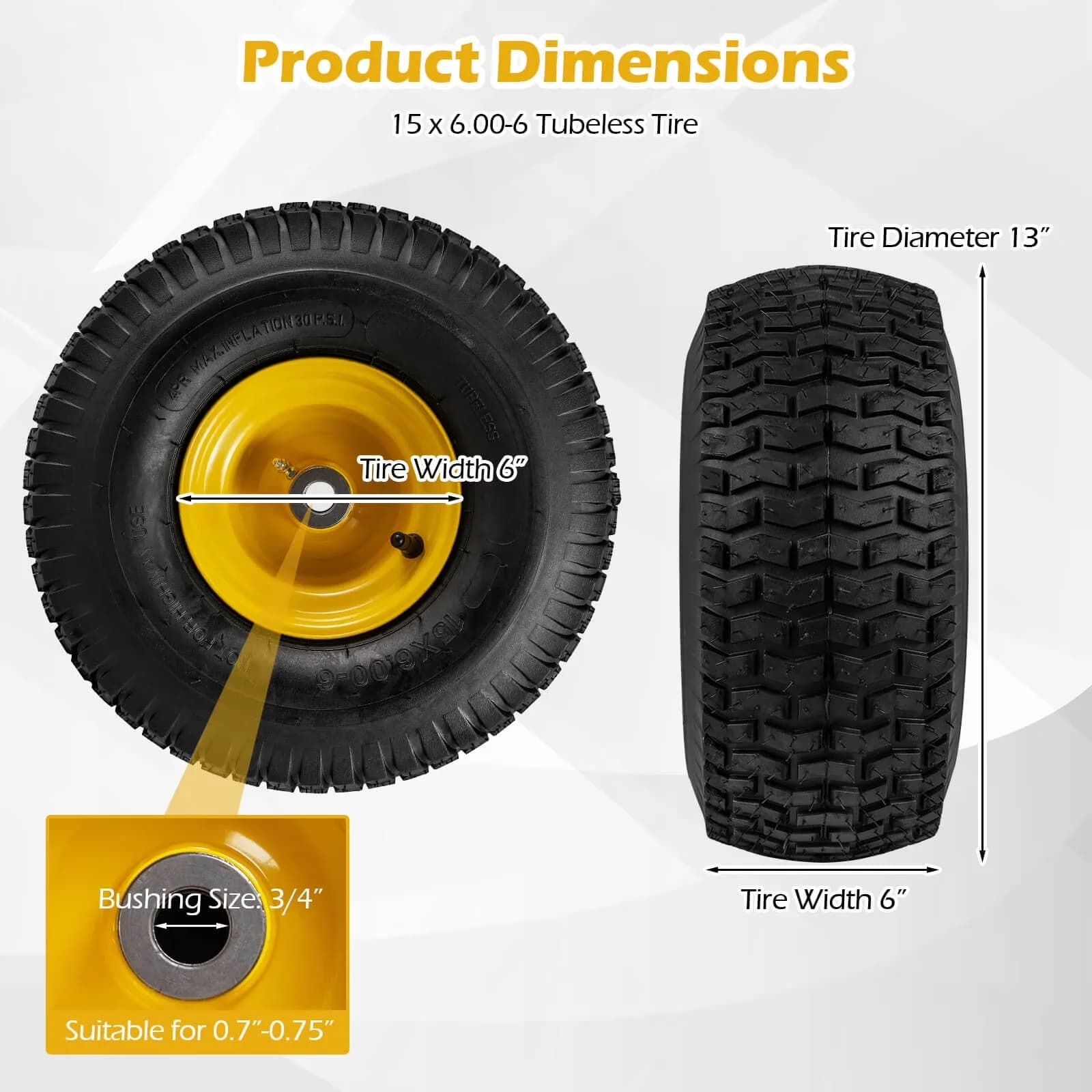 Premium Lawn Mower Tire with Heavy-Duty, 3”Centered Hub, 4 PR/Ply Pneumatic Tires - Model DF3A57
