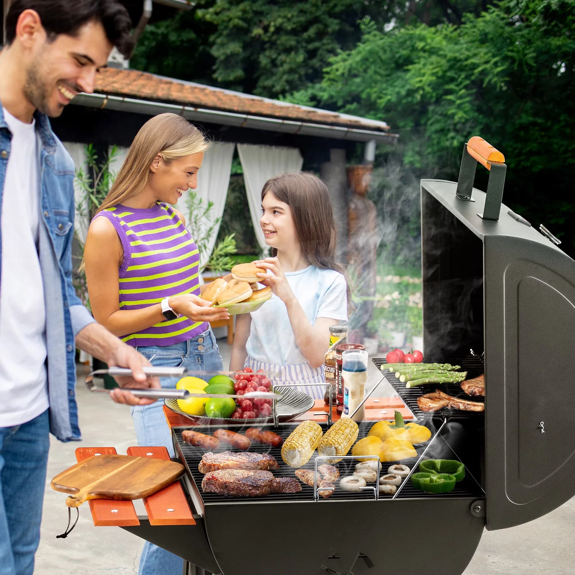 Charcoal Grill Classic with Warming Rack, Wooden Front Shelf & Side Shelf, 24-inch BBQ - Black Model 944470