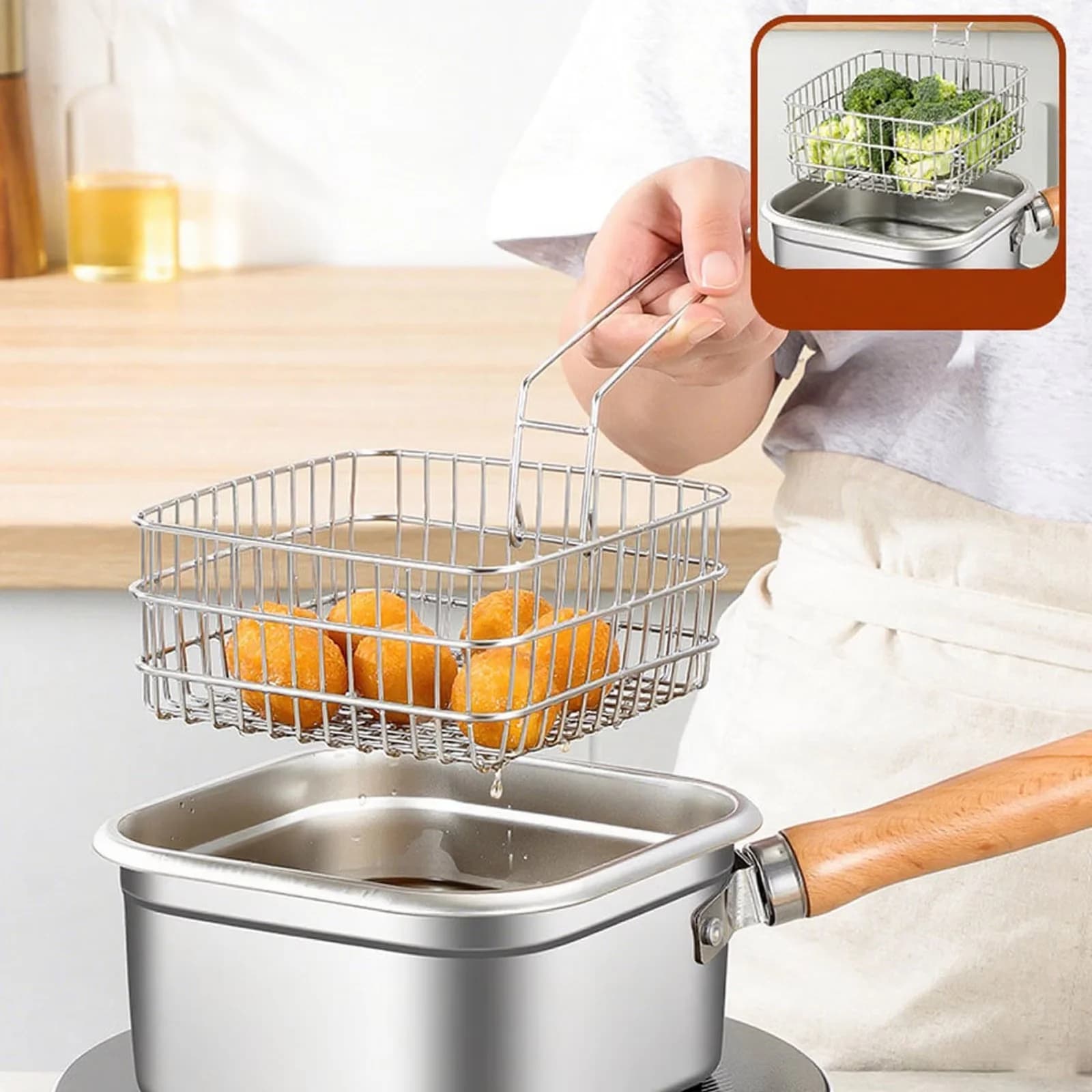 Reliable Outdoor Fryer with Basket Portable Square Frying Pot, Stainless Steel Deep - Silver Stainless Steel for Camping, Kitchen Model 0E3B8A