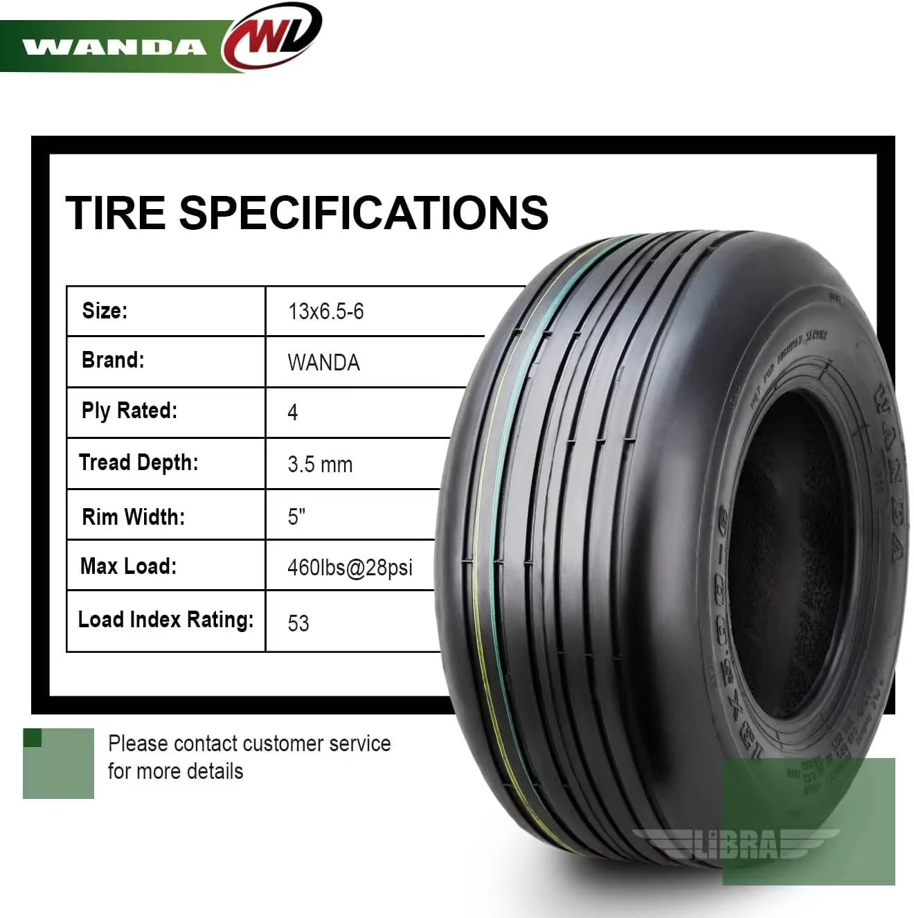 Versatile Lawn Mower Tire with Heavy-Duty, Tread Pattern: P508, Tire Size: 13x6.5-6 - Model 4E24E9