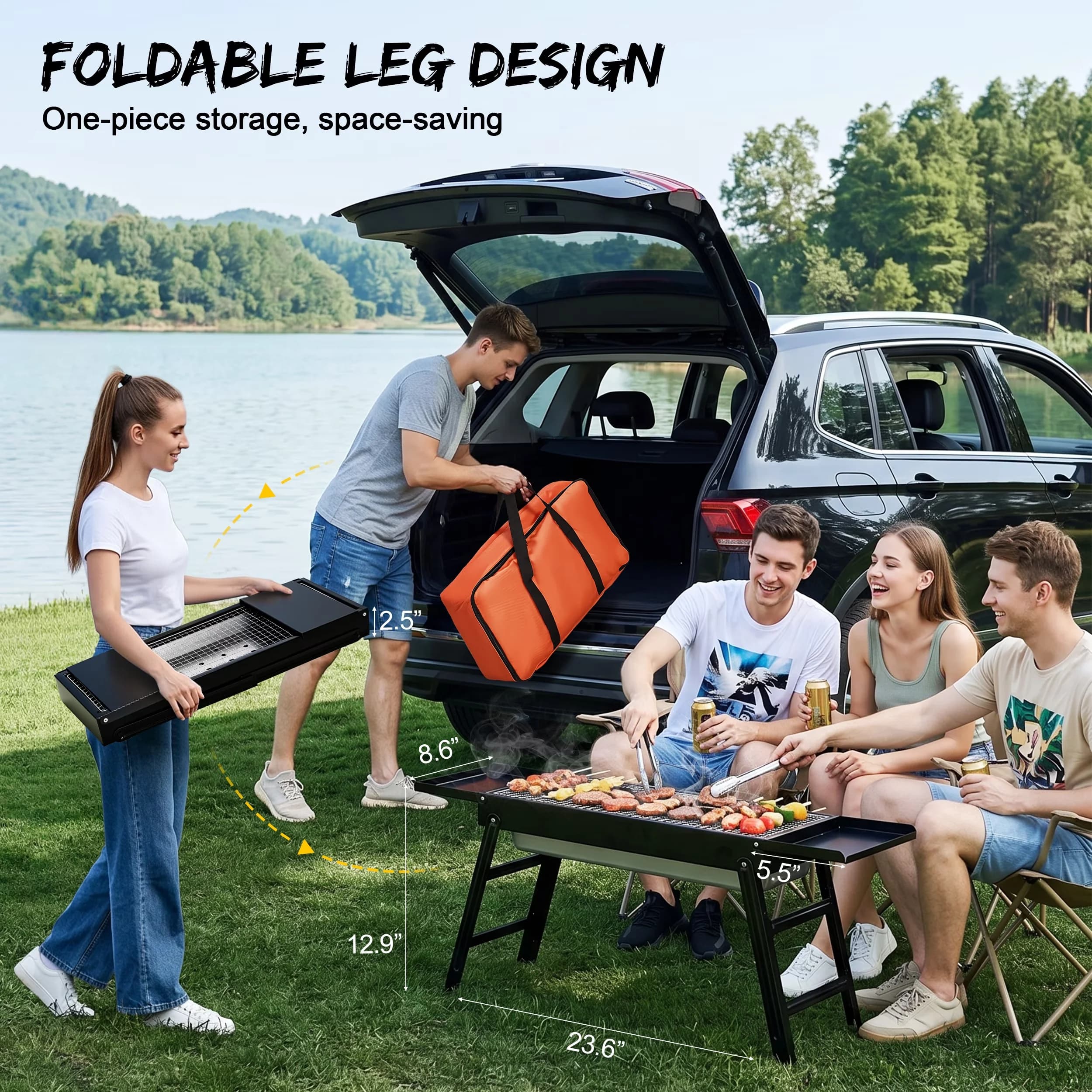 Charcoal Grill Modern with Foldable BBQ, 【INTEGRATED EXTENDABLE SIDE SHELVES】 - Iron for Outdoor, Camping Model 730542