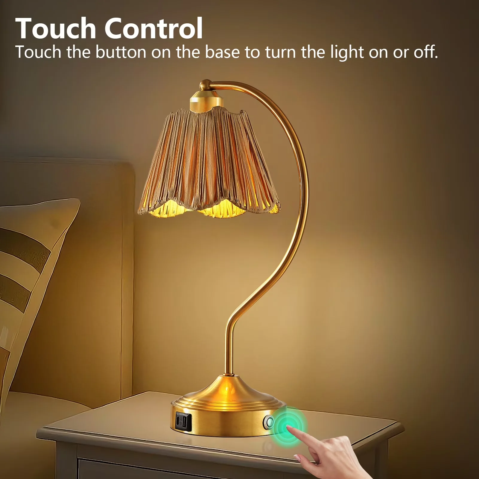 Table Lamp Compact with LED, Bedside Lamps, Touch Sensor - Gold Paper for Living Room Model 92E779
