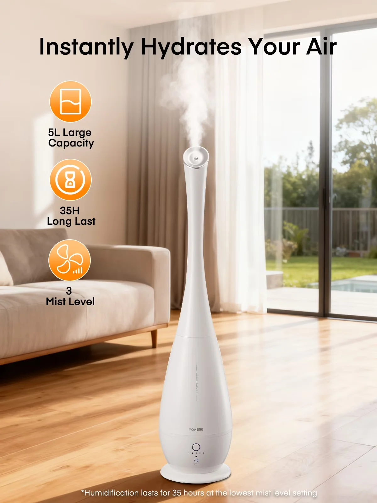 Humidifier Efficient with Empty Tank Indicator, Oil Diffuser, Adjustable Humidistat - White for Home Office, Large Model 769E41
