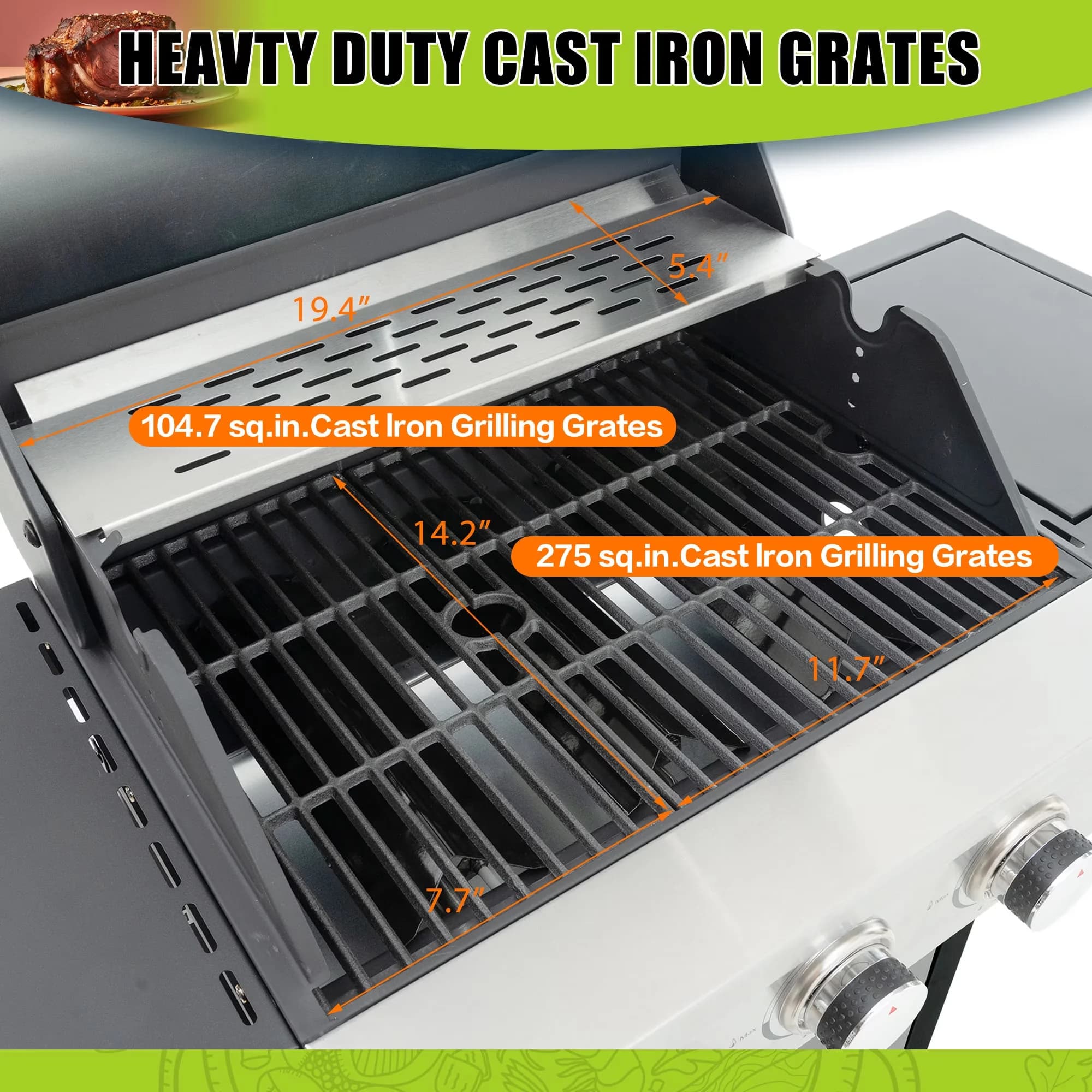 Gas Grill Efficient with 37000 BTU, Heat Thermometer - Silver Stainless Steel Model CA1FB0