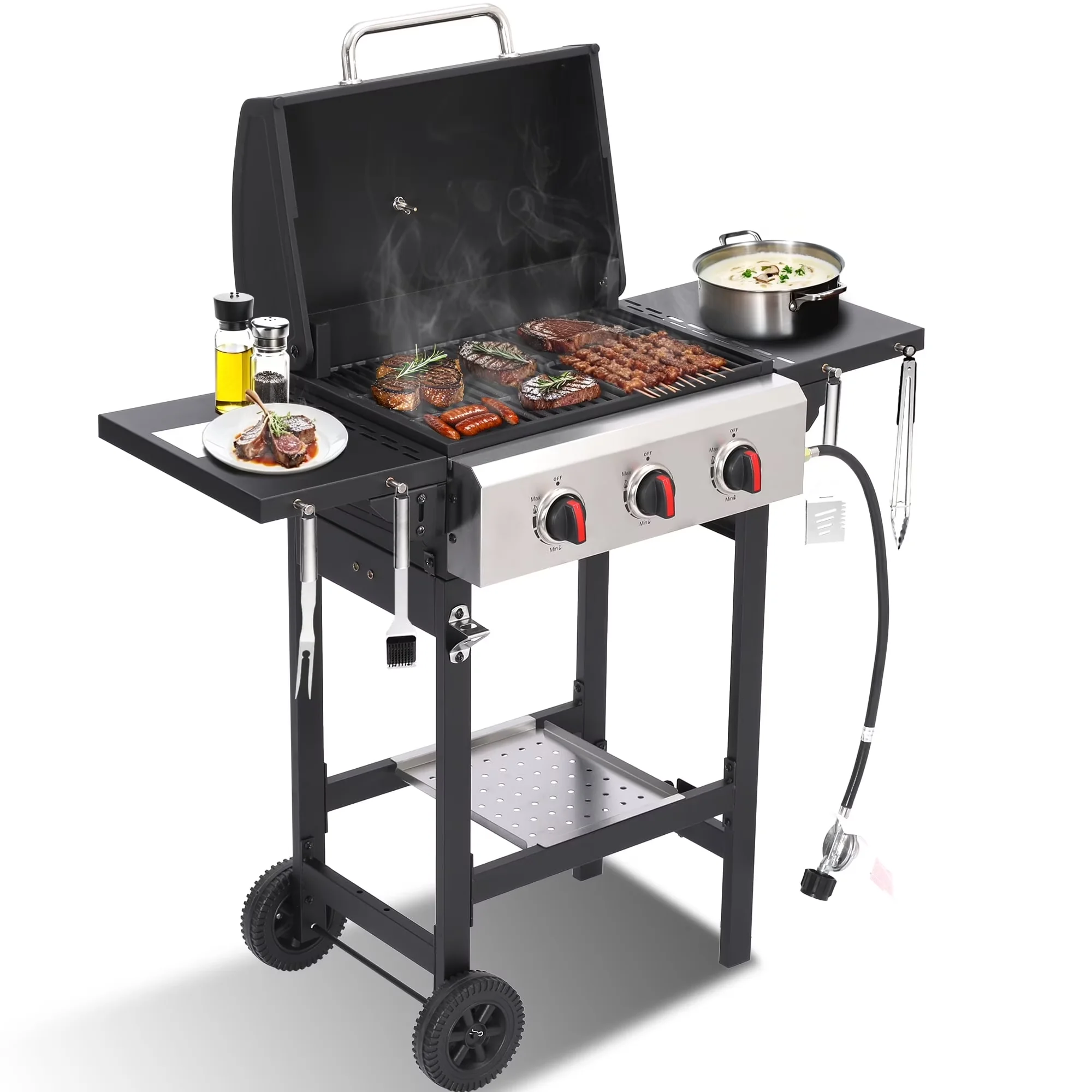 Gas Grill Efficient with 30000 BTU, Rust Resistant, Grease Pan - Metal, Cast Iron, Stainless Steel Silver Model A50415