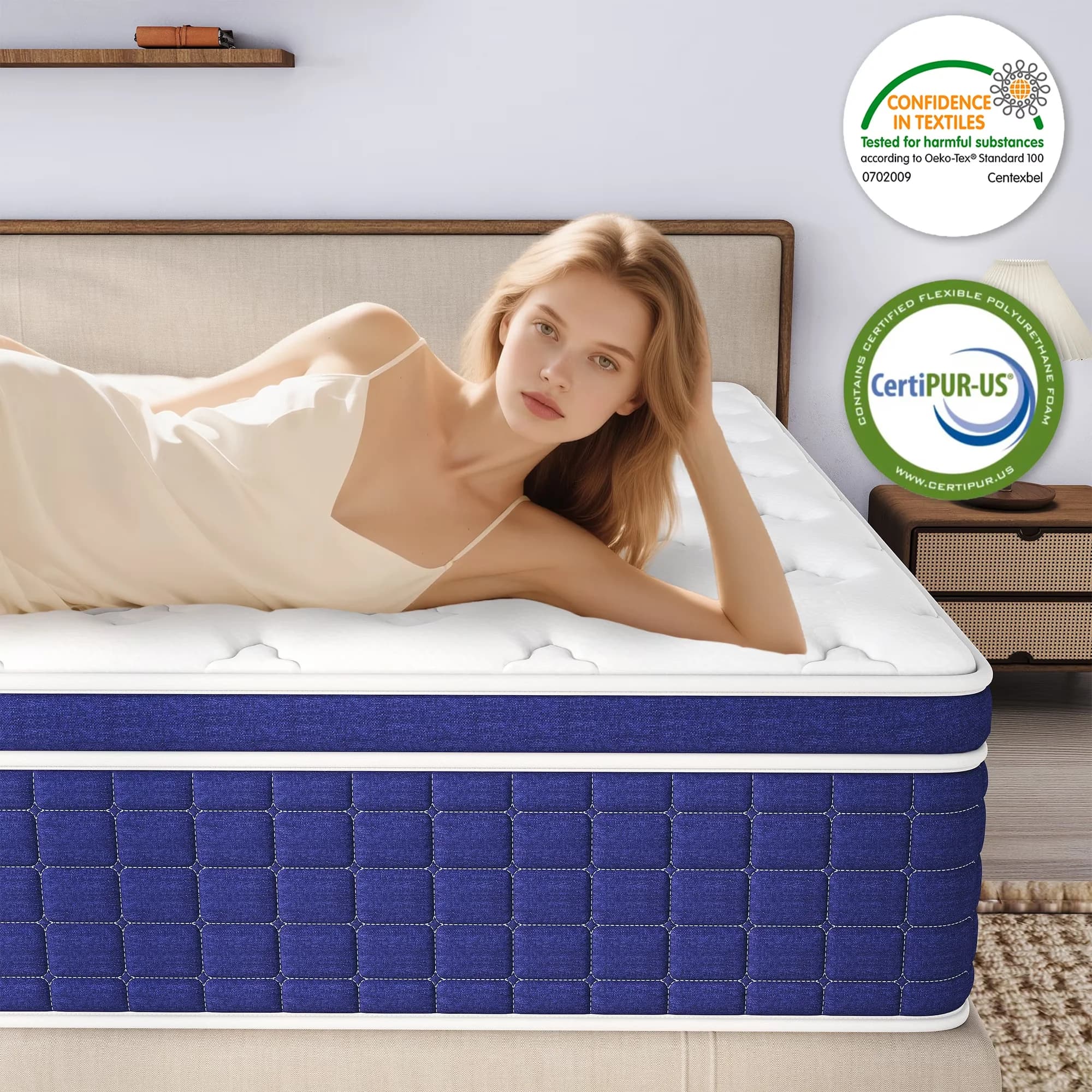Durable Mattresses Accessory with Hypoallergenic, Breathable Construction - Blue Gel Memory Foam, High-Density Foam, 3D Knitted Fabric Model 4FD0BC