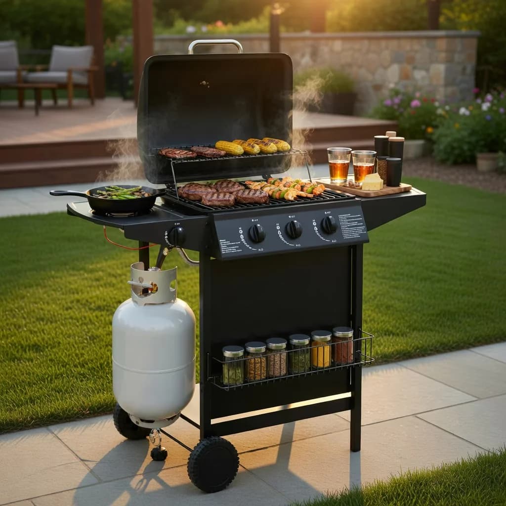 Gas Grill Efficient with 39000 BTU - Black Metal, Stainless Steel for Patio Model ACA1F5