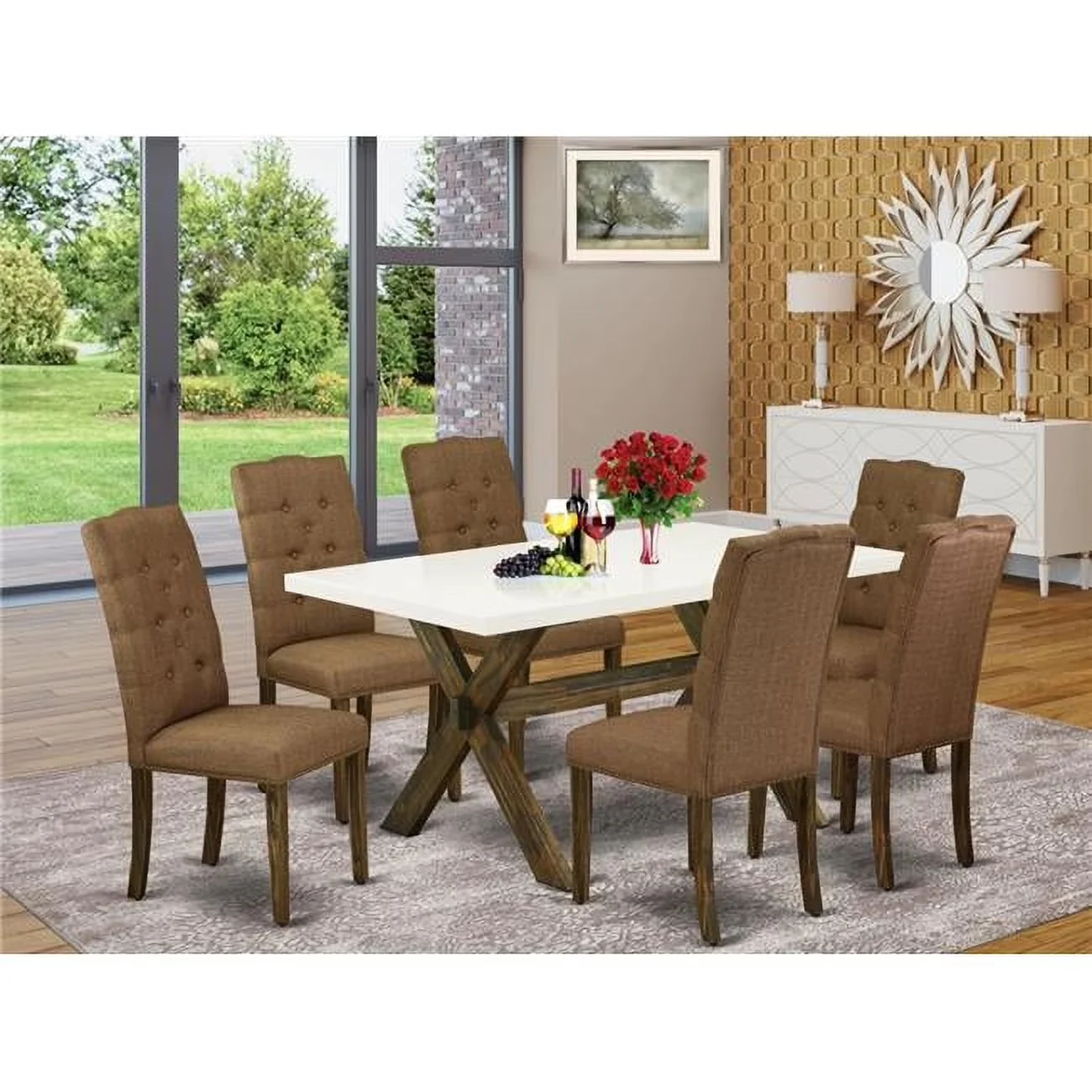 Patio Dining Set Quality with Modern, 7 Piece X-Style Modern Table, Fabric Material: Linen Fabric - Brown Model 2D0C2F