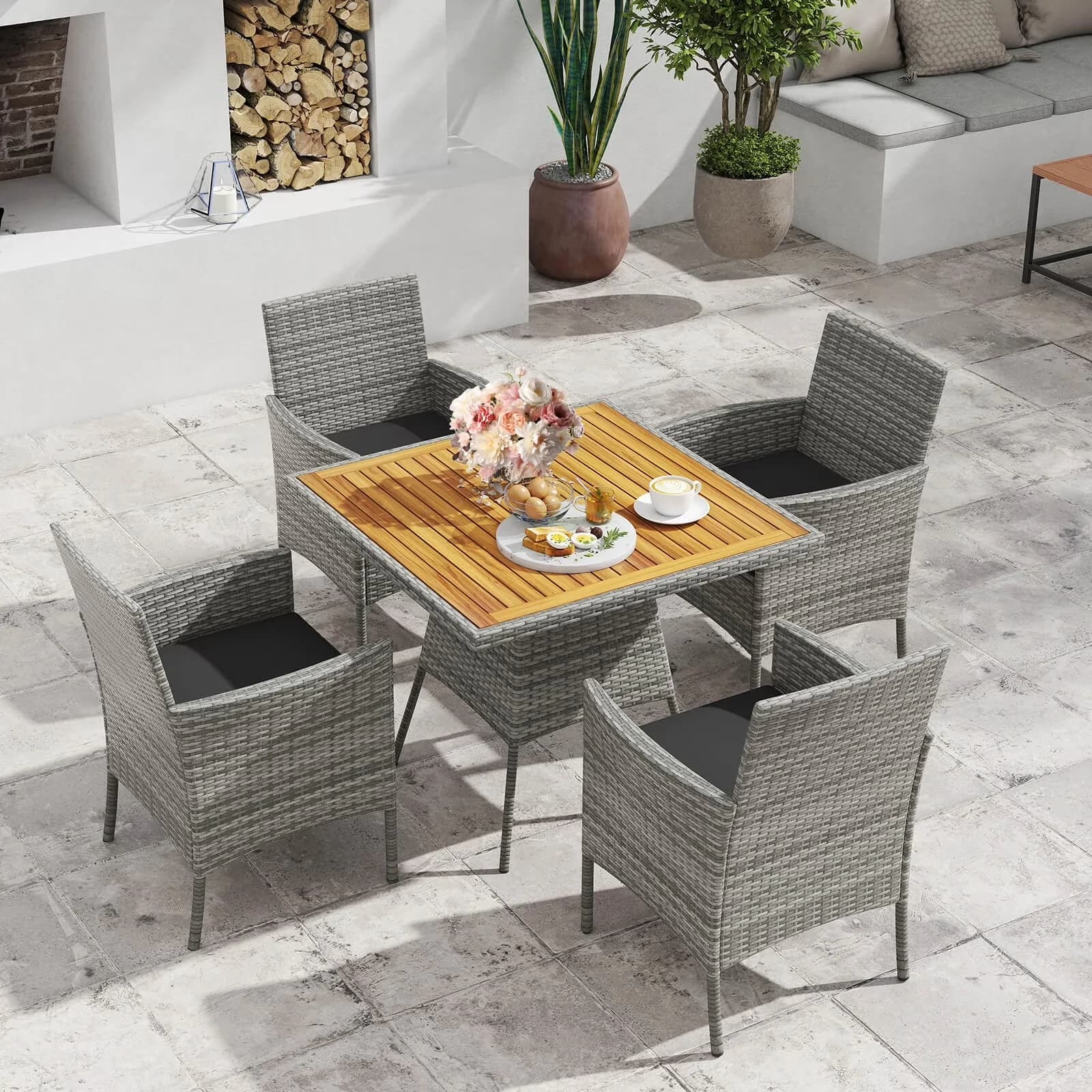 Stylish Patio Dining Set with 5 Pieces PE Wicker, Cushions and 1.97" Umbrella Hole - Pe Rattan, Acacia Wood, Metal, Polyester, Sponge... Model 761788