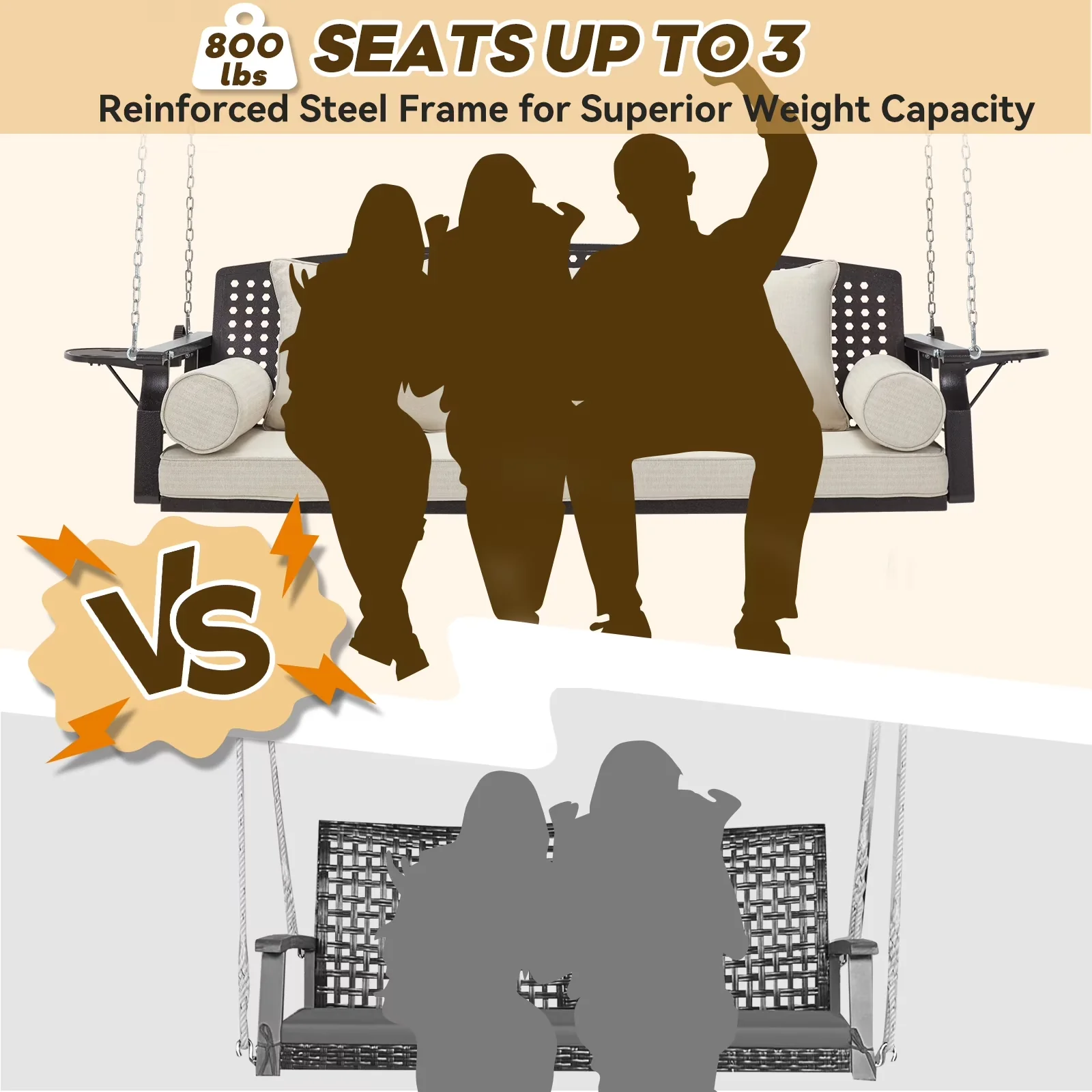 Modern Patio Chair with Cup Holder, Chains, 3 Seat Porch Swing - Beige Steel Model B5BD9C