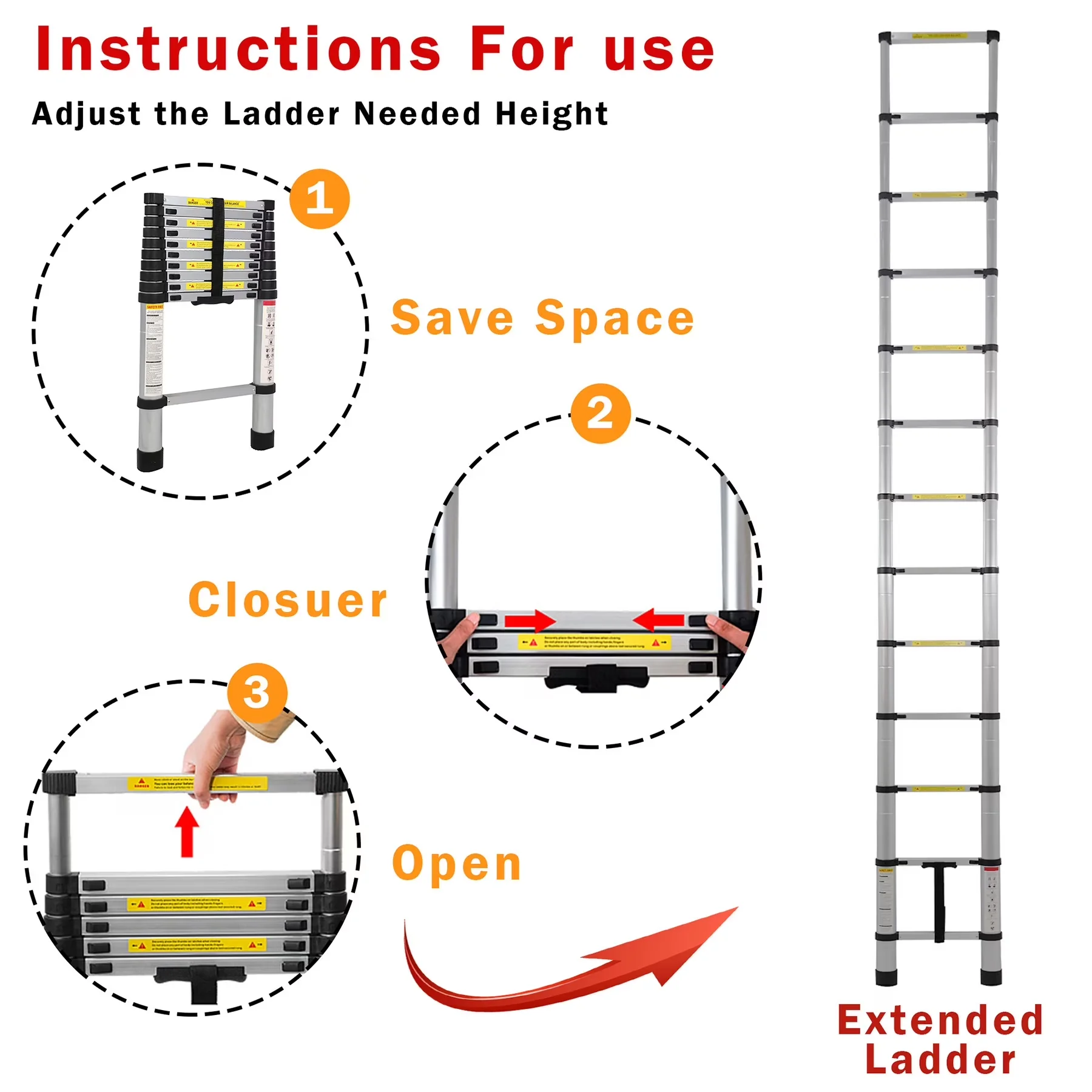 Ladders And Step Stool Premium with Telescoping, Telescopic ladder simple operation. - Aluminum Model 3E02E3