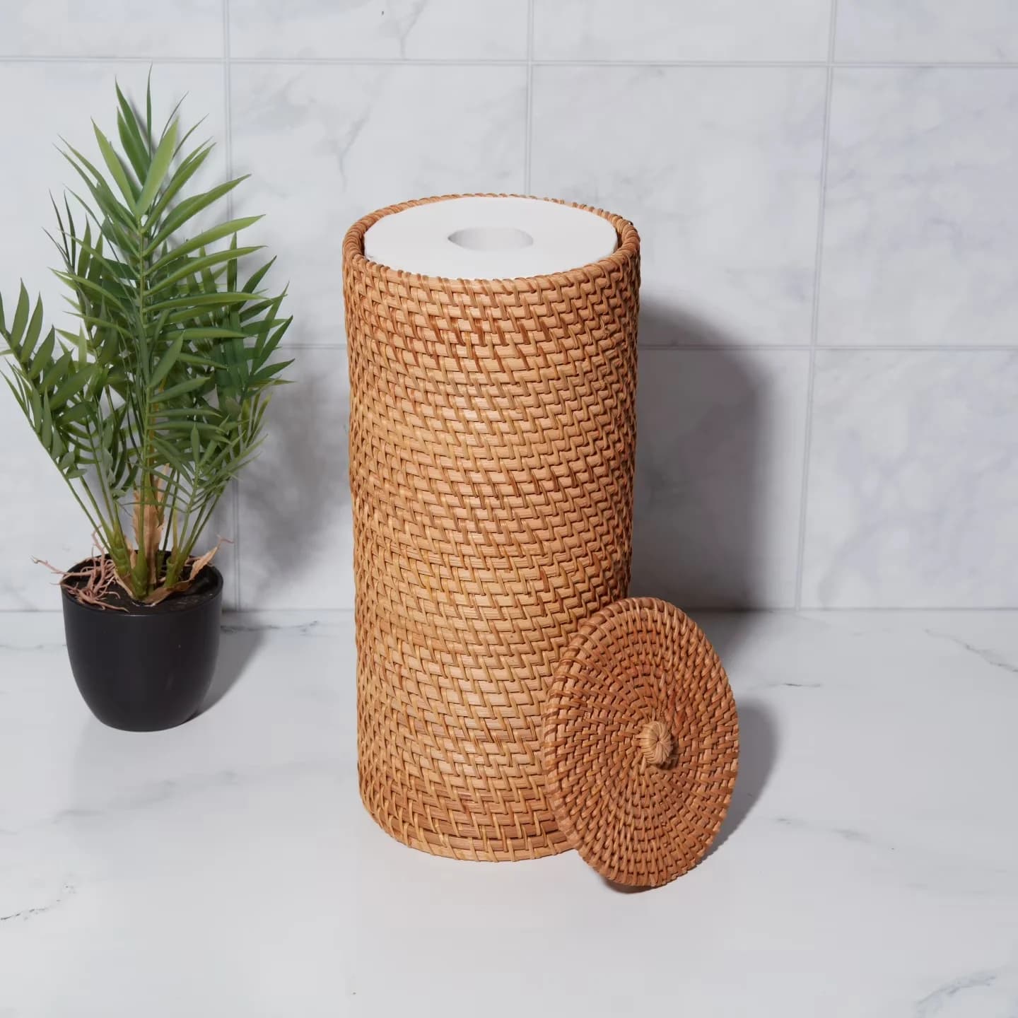 Durable Bathroom Renovation with Rustic/Lodge, Beautiful Honey Color, Floor Standing Toilet Paper Reserve - Yellow Rattan Model 42E603