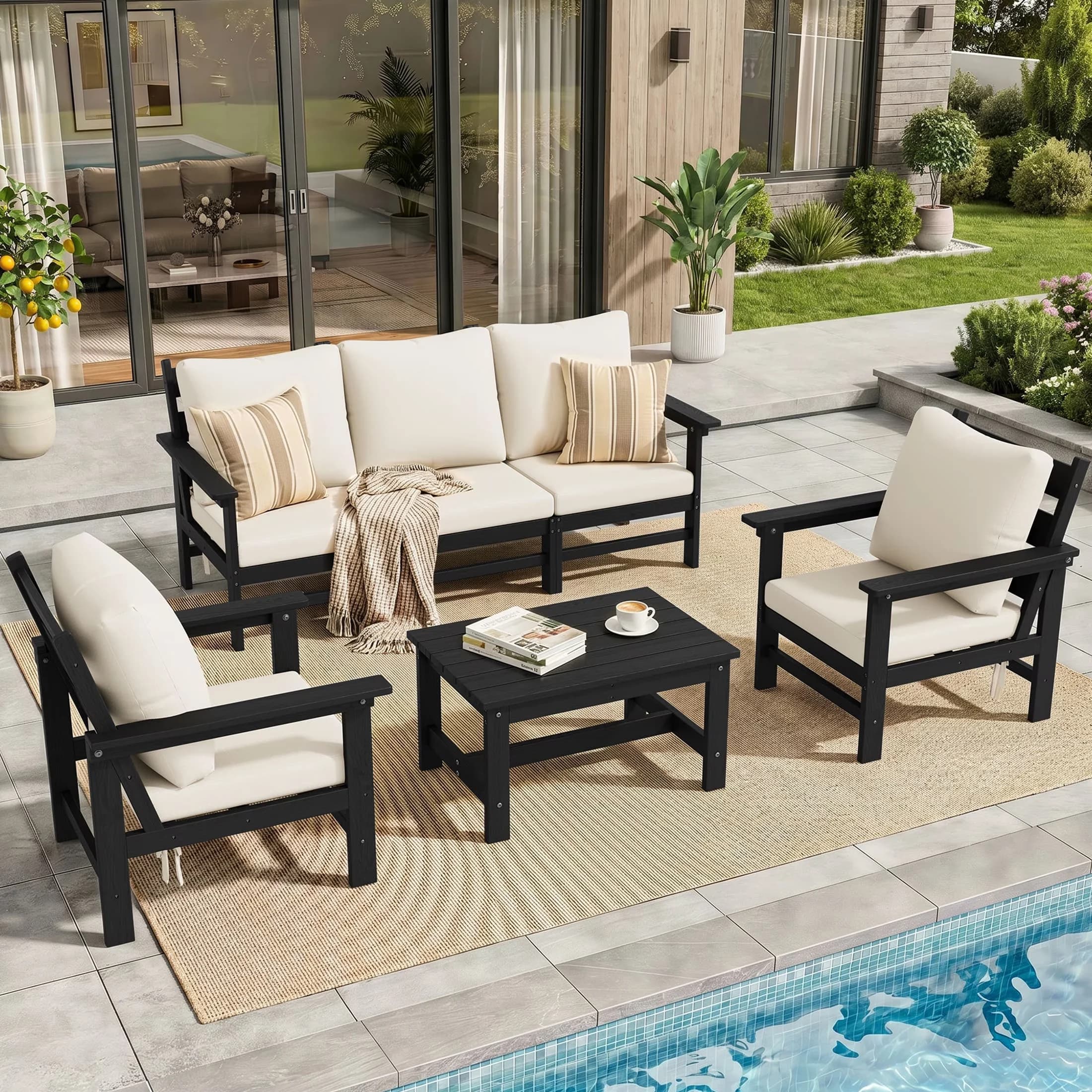 Stylish Patio Conversation Set with 6-Piece Sectional Outdoor Furniture, All-Weather Outdoor Couch - Black Hdpe Model 604210