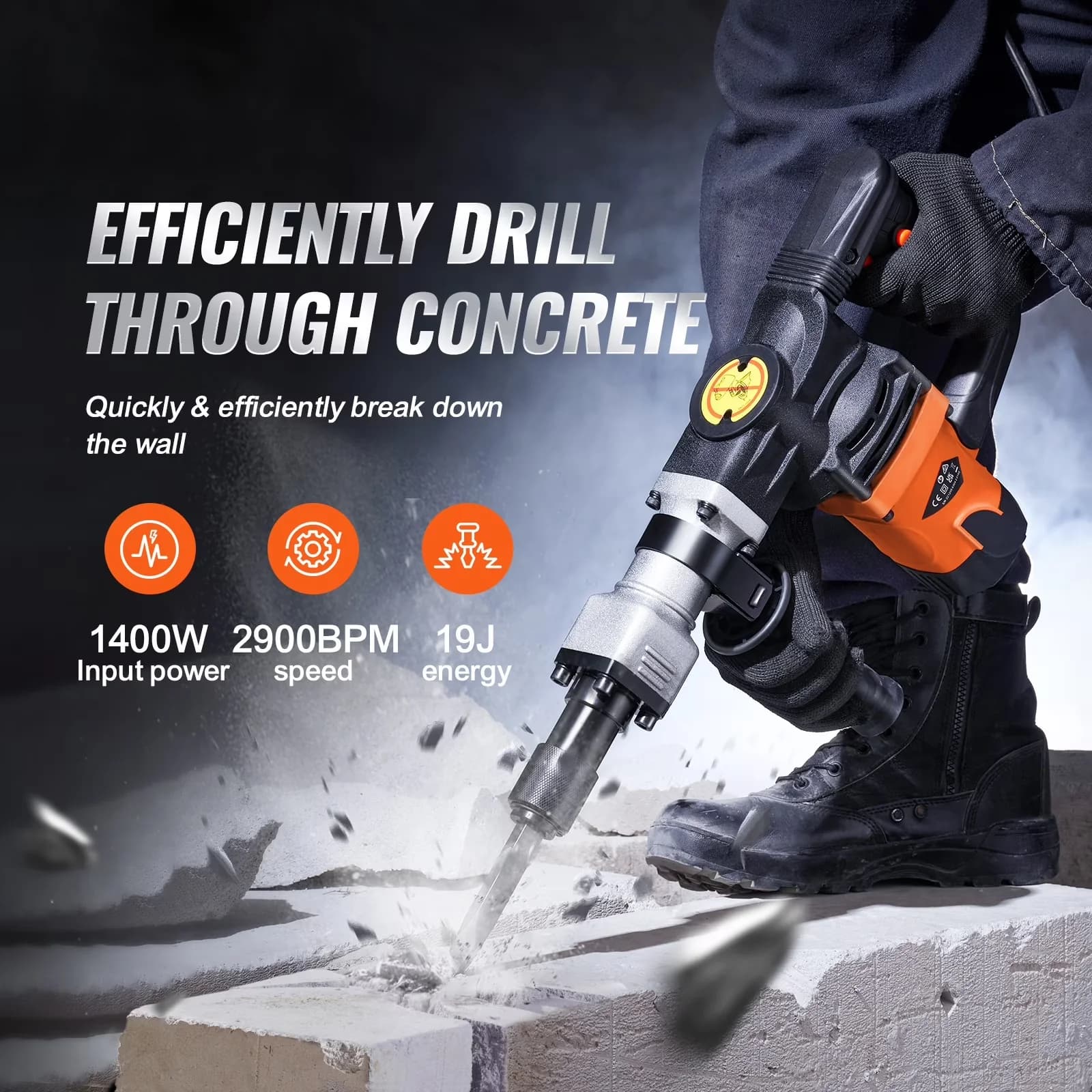Versatile Drills Driver with 1400W, Lightweight, 2 Chisel Bit - Orange Model FCB095