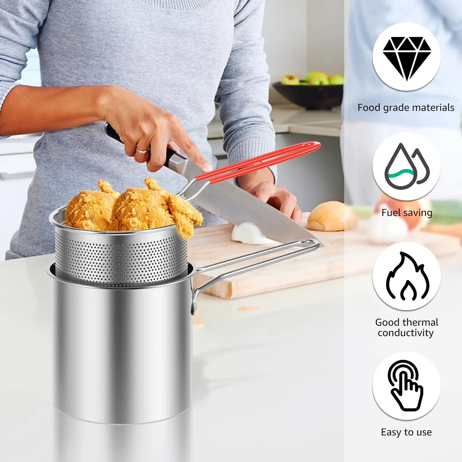 Modern Outdoor Fryer with Dishwasher Safe, Heat Resistant Handle - Brown Stainless Steel Model 219AB2
