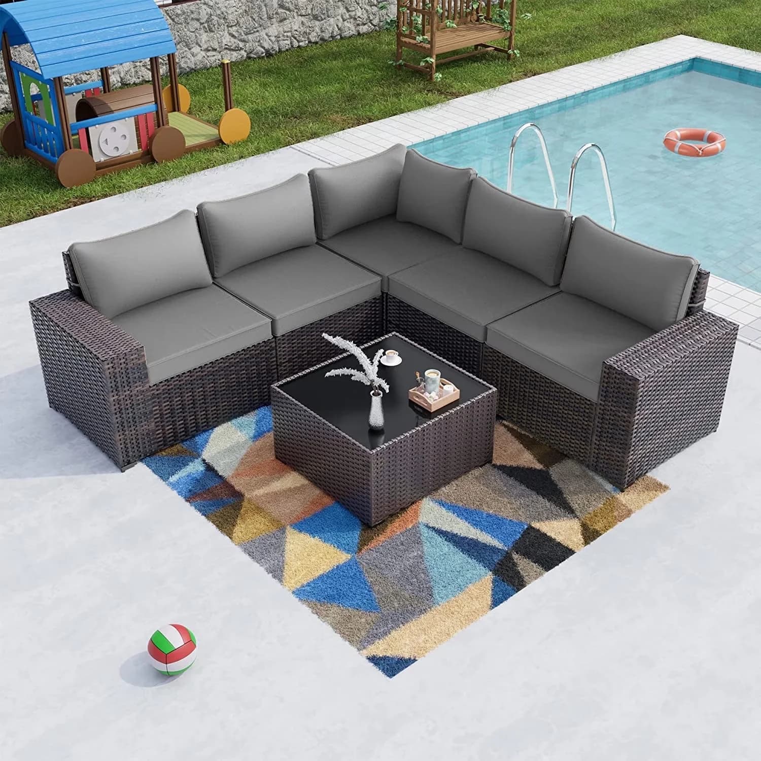Premium Patio Conversation Set with Weatherproof, Grey - Glass, Rattan, Wicker Gray Model CC6E14