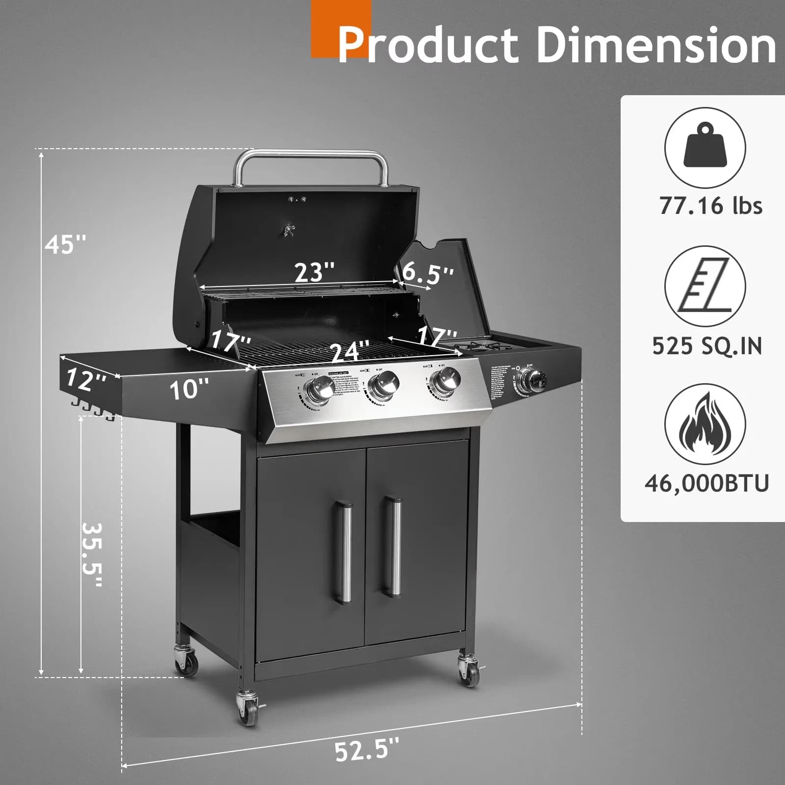Gas Grill Professional with 46000 BTU, Portable, Side Stove - Metal Black for Patio, Outdoor Model 9B3C69