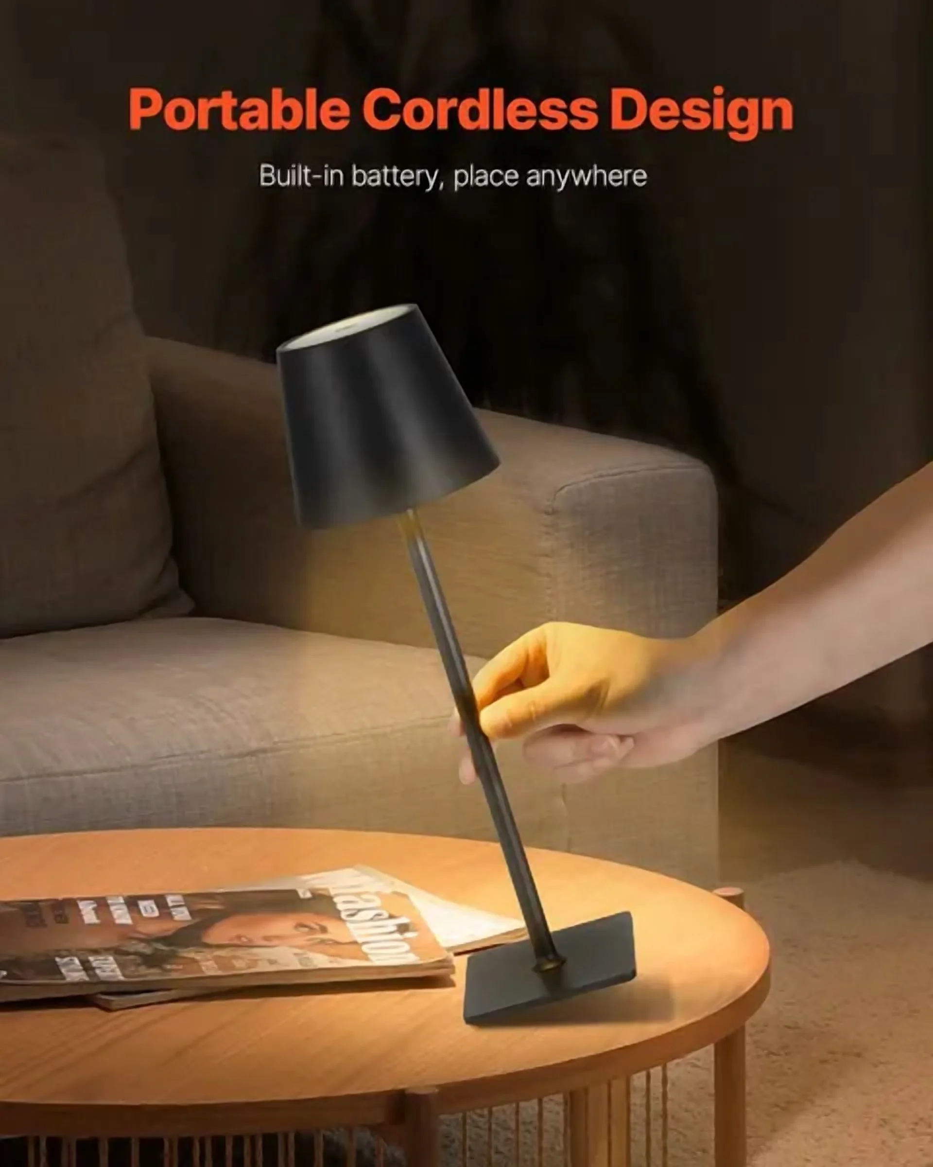 Durable Lamp Set with Battery, Adjustable Height, Cordless Table of 2 - Black Metal Model 1A409D
