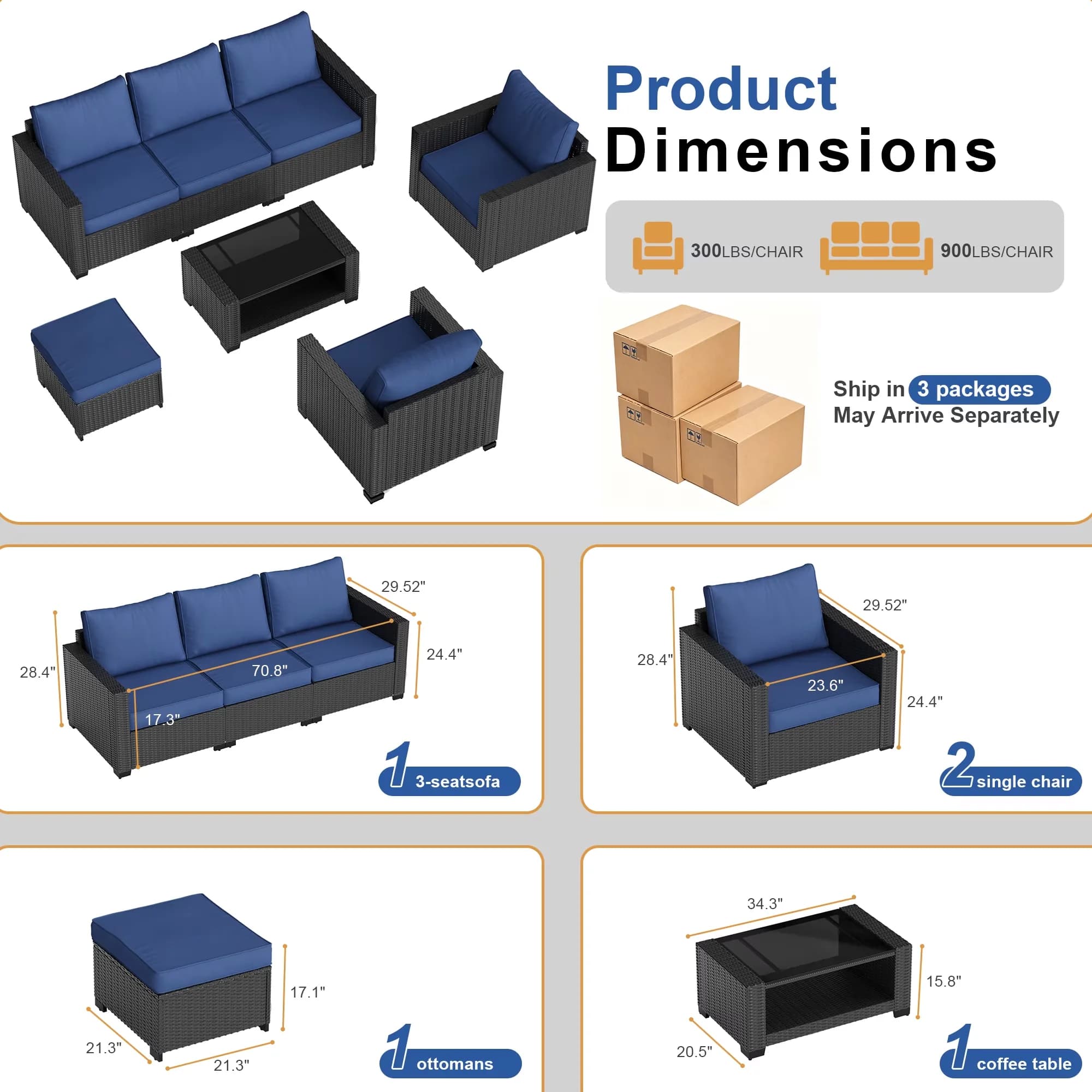 Quality Patio Conversation Set with Weatherproof, Outdoor Sectional Furniture - Blue Rattan Model 7216E0