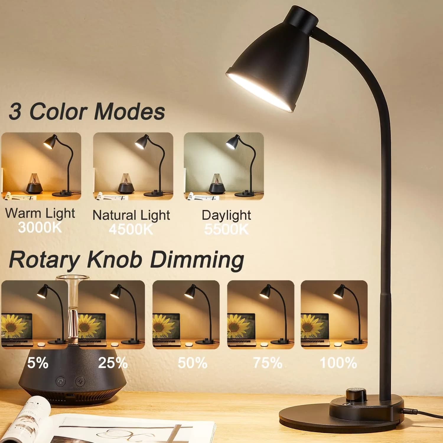 Desk Lamp Premium with LED, Energy Efficient - Black Metal Charging - Compact and Portable Model 483318