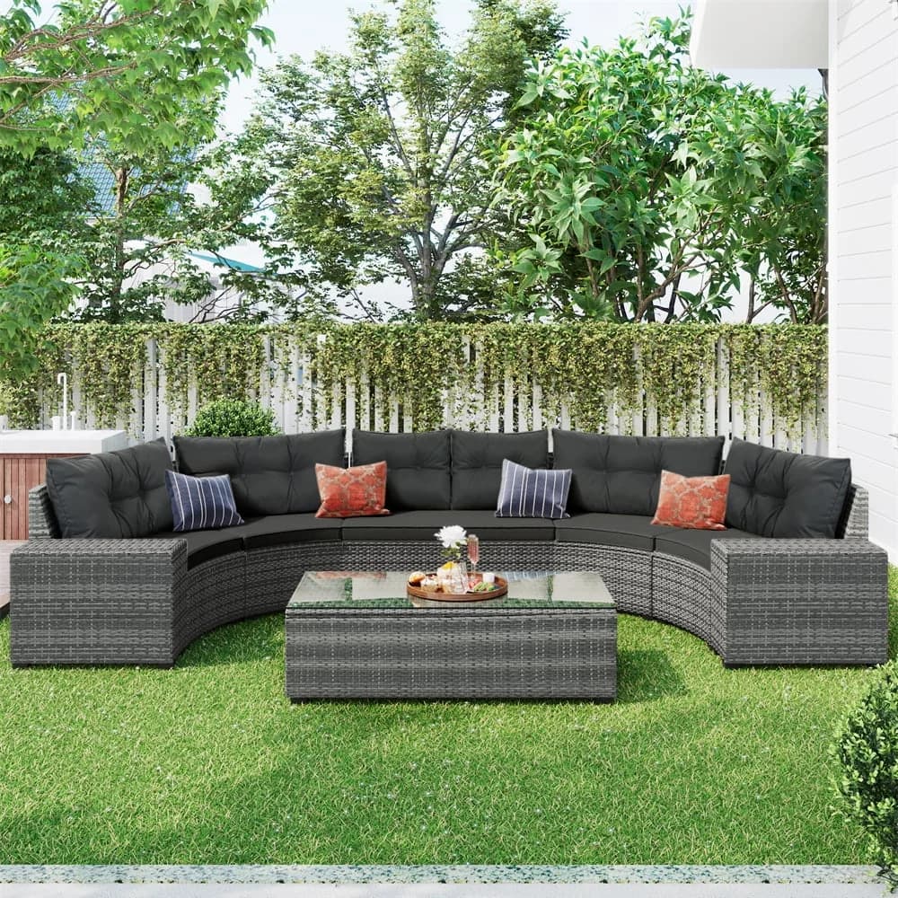 Premium Patio Conversation Set with Rectangular Coffee Table, 8 Pieces Outdoor Wicker Round Furniture - Pe Rattan+Steel+Plastic... Model 7A95CA