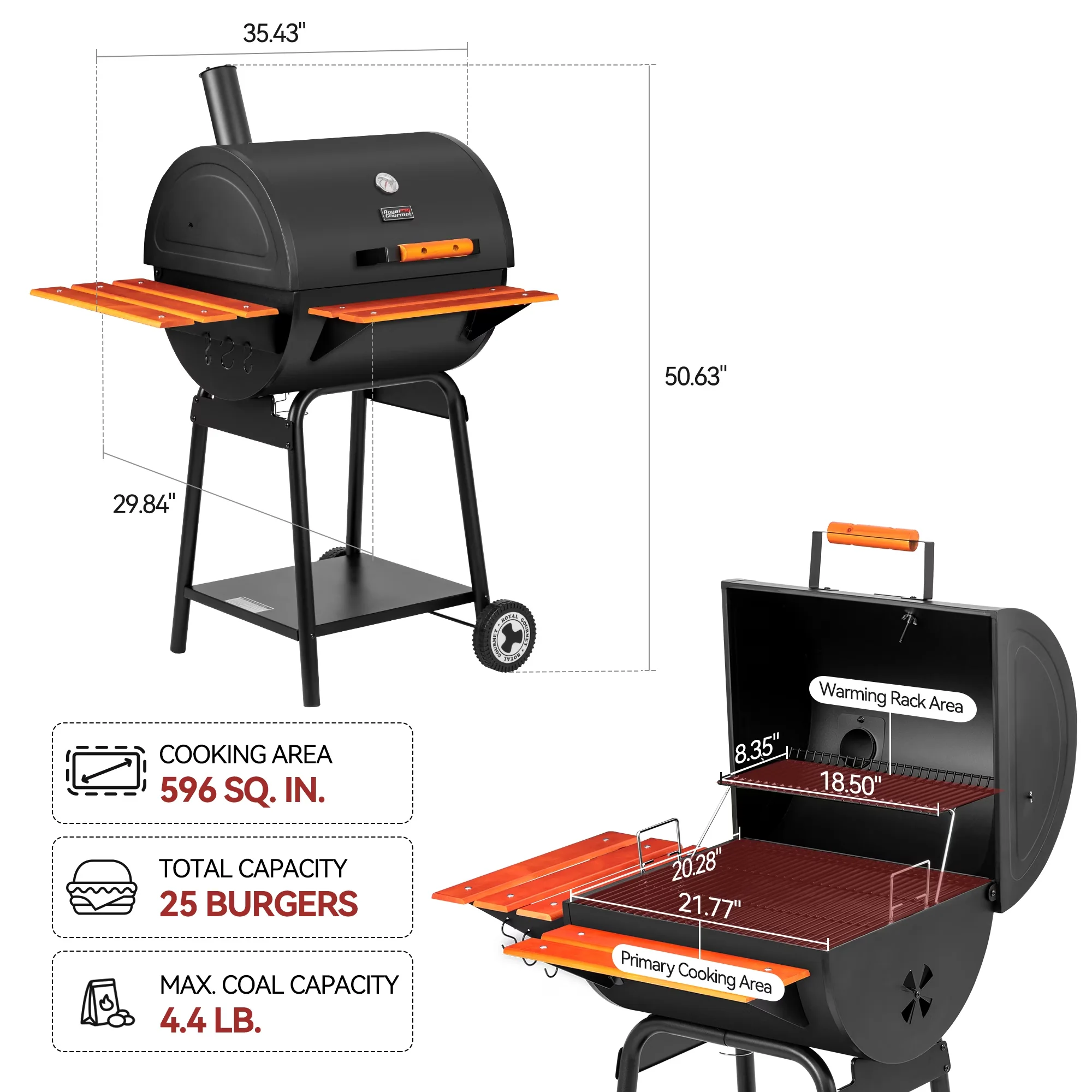 Charcoal Grill Classic with Warming Rack, Wooden Front Shelf & Side Shelf, 24-inch BBQ - Black Model 944470