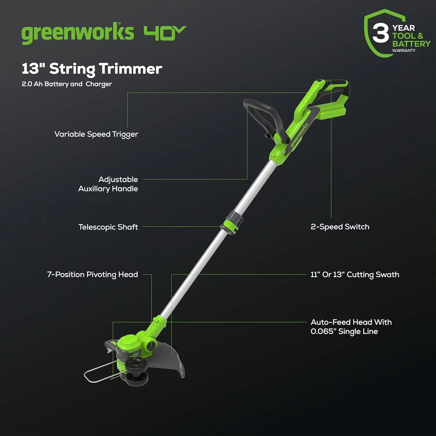 String Trimmer Versatile with Battery, 40V, 40V 13-Inch Cordless / Edger (Gen 2) - Green Model 22A9A7