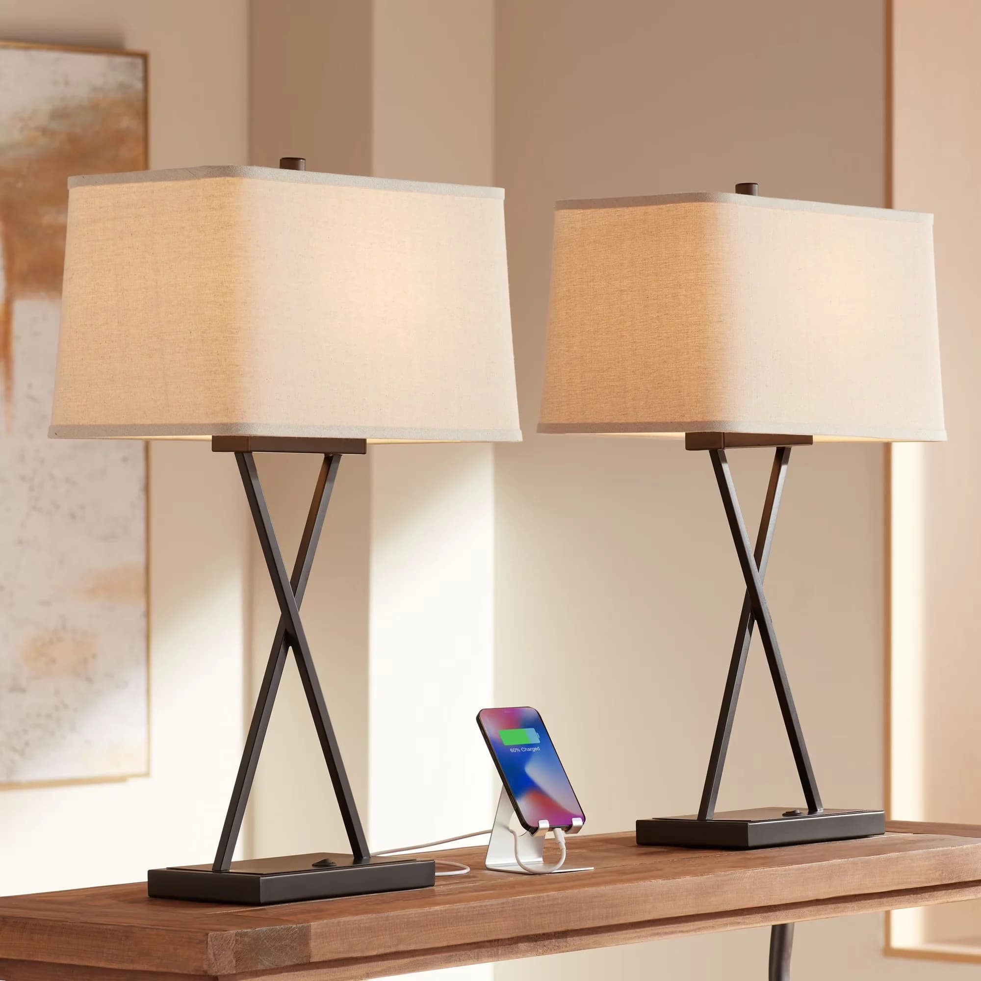 Professional Lamp Set with LED, Bedside Lamps - Brown Metal for Bedroom Model A53193