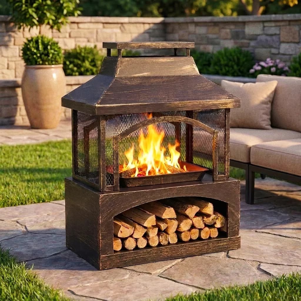 Outdoor Heating Premium with Portable, 37" Steel Wood-Burning Fire Pit, Mesh Screen and Log Poker - Steel Brown for Patio, Garden Model 9486BA