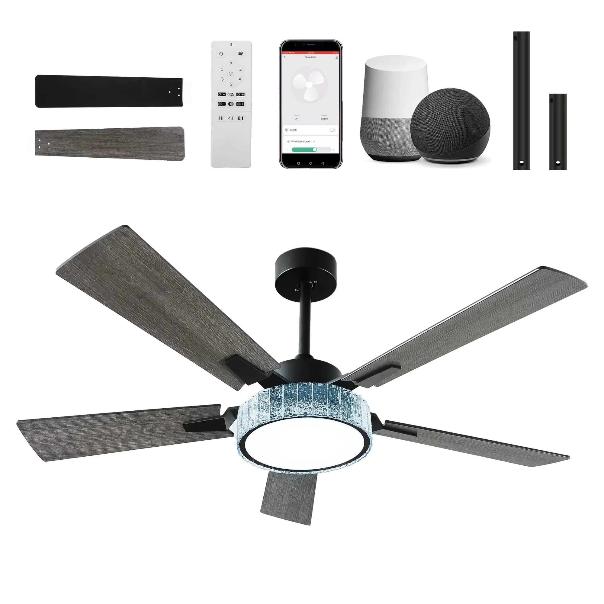 Professional Ceiling Fan with LED, Smart Technology Capable, Farmhouse - Black Acrylic Model B11CD2
