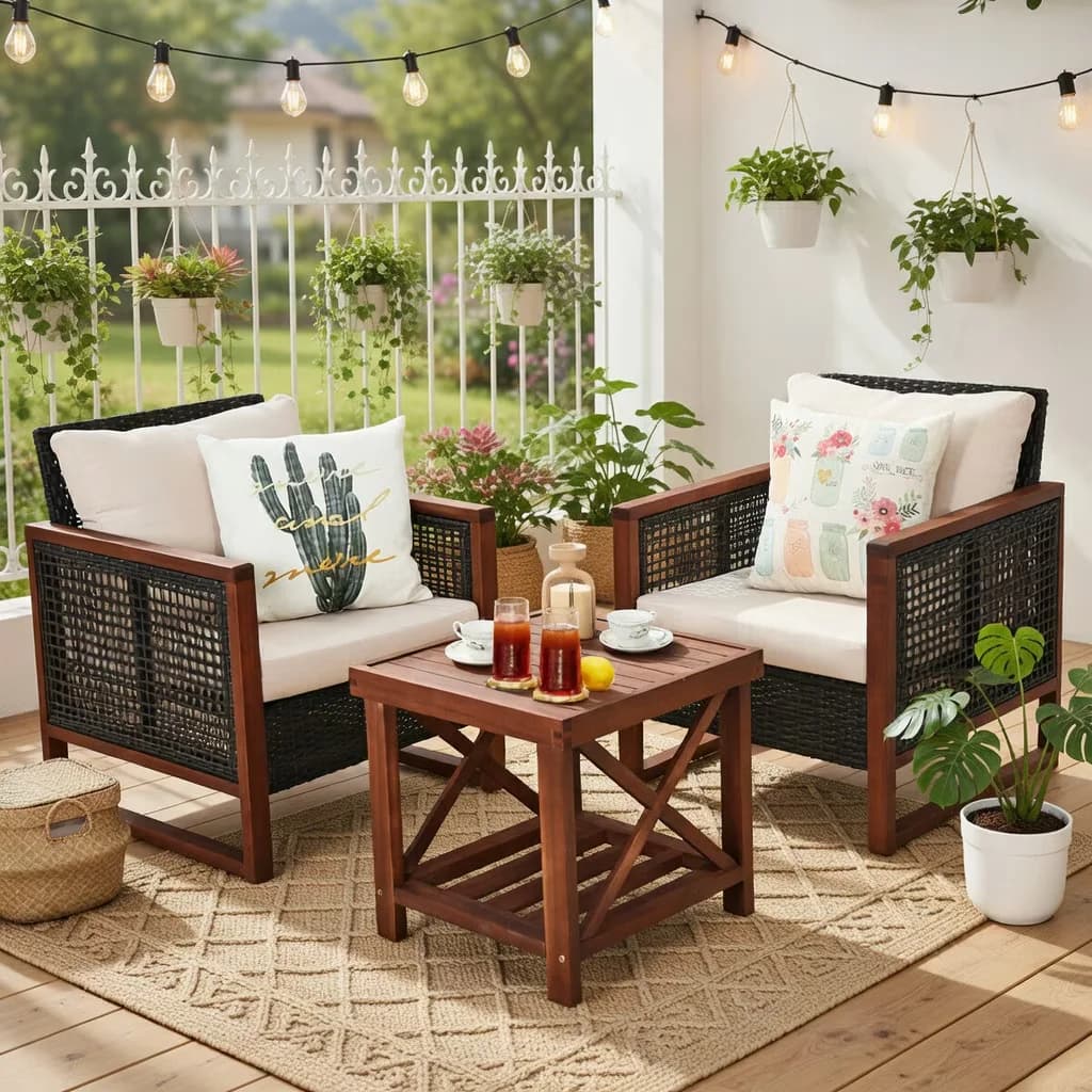 Premium Patio Conversation Set with Storage - Beige Rattan, Acacia Wood, Polyester Fabric, Sponge Model 4B4091