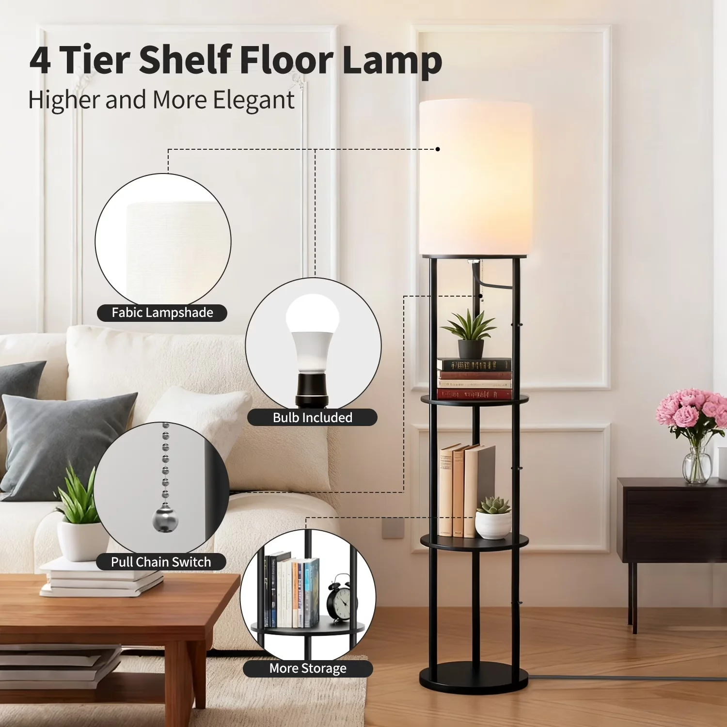 Premium Floor Lamp with LED, Shelf Lamps, 63" Round Shade - Fabric Black Model E55485