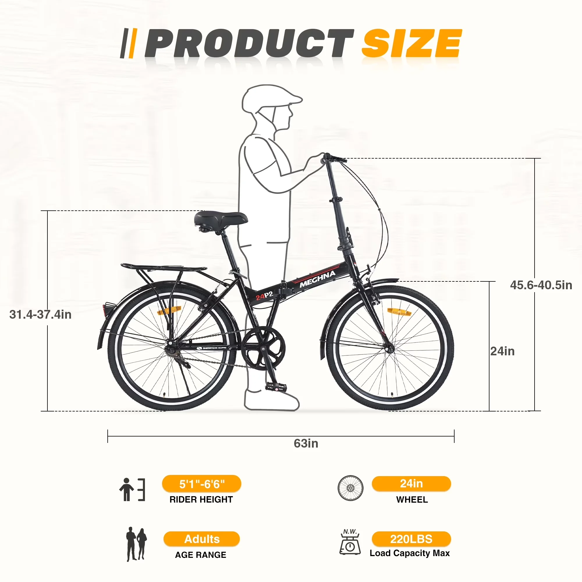 Essential Mountain Bike with Adjustable Height, 24 Inch Folding - Black Model 920295