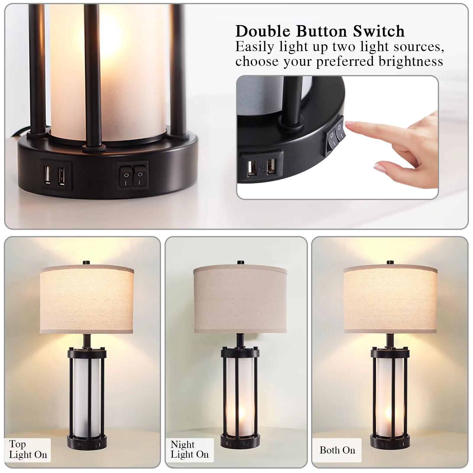 Efficient Table Lamp with LED, Power Outlet, Usb Port - Black Hardware, Glass for Bedroom Model 8124F6