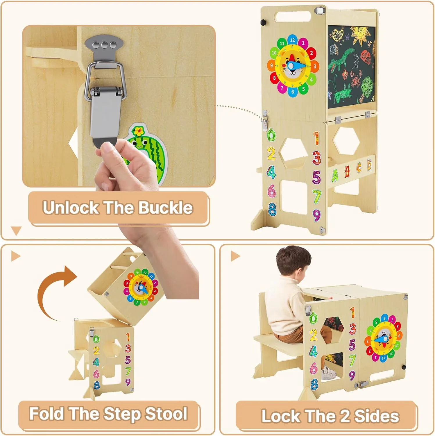 Premium Ladders And Step Stool with Foldable, Foldable Toddler Kitchen Tower, Toddler Helper - Wood Orange Model F863C4