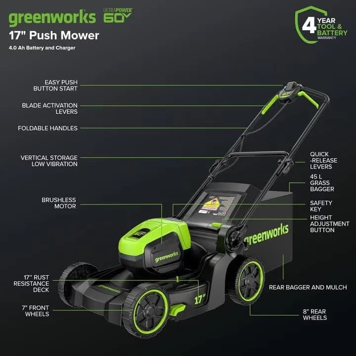 Push Mower Essential with Battery, 60V, 4.0Ah Battery and Charger - Green Model 9B9236