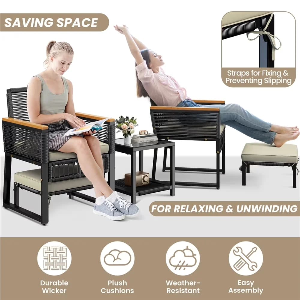 Quality Patio Conversation Set with Weatherproof, 5-Piece Outdoor Furniture, Ottoman (ea.): 19"W × 16.5"D × 9.5'H - Black/Beige Pe... Model A8DC2A