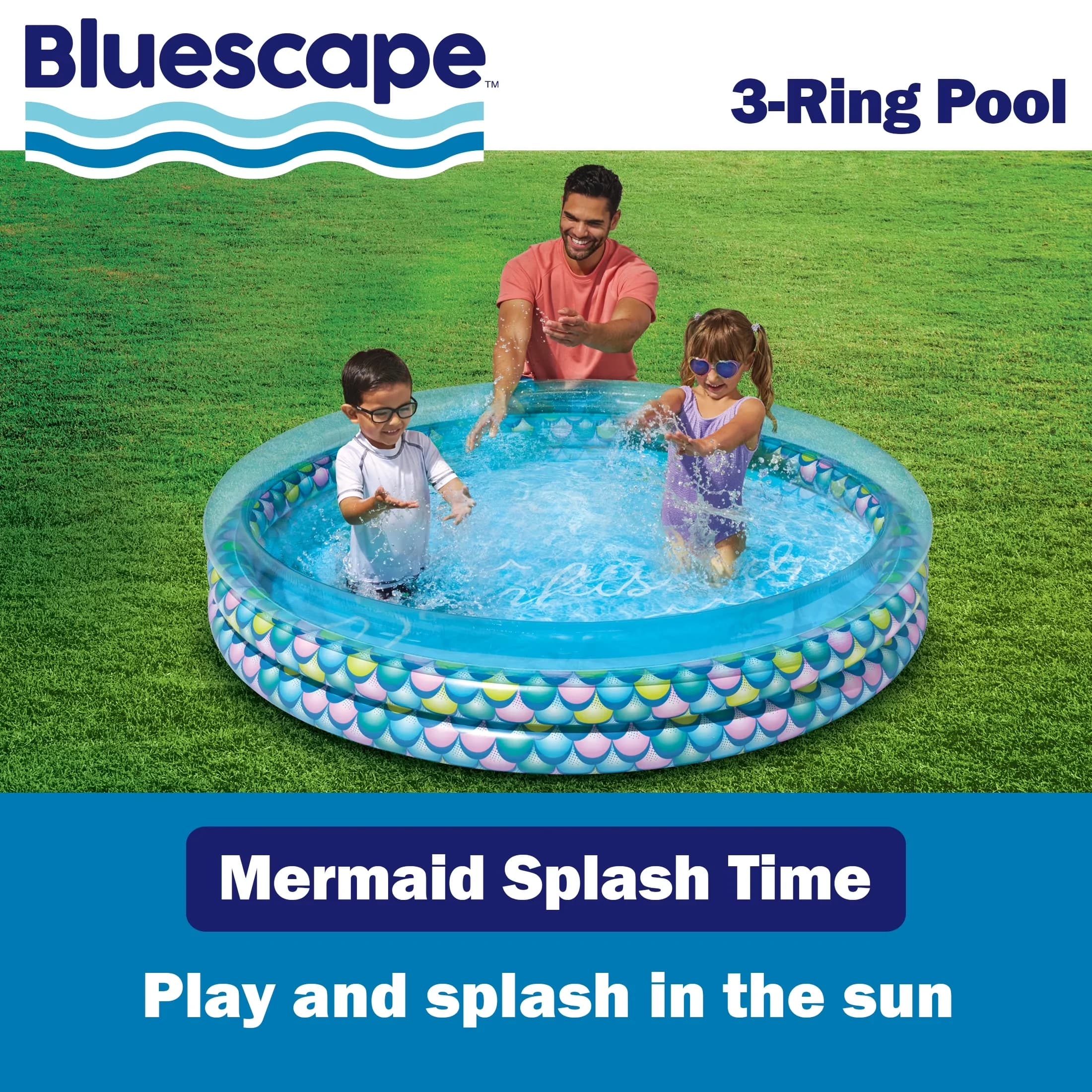 Compact Inflatable Pool with Puncture Resistant, Bright & colorful mermaid scale print, Colorful Mermaid Print 3-Ring Swimming - Blue Model 4225EE