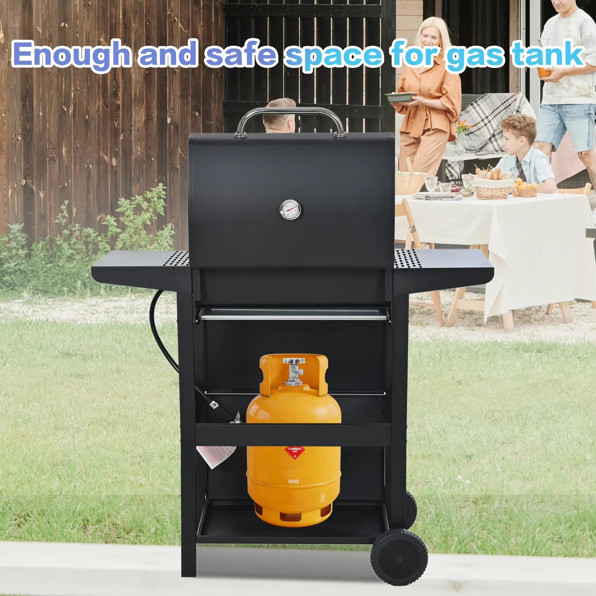 Gas Grill Reliable with 26000 BTU, Heat Thermometer, 2 Side Shelves - Iron Black Model 76615A