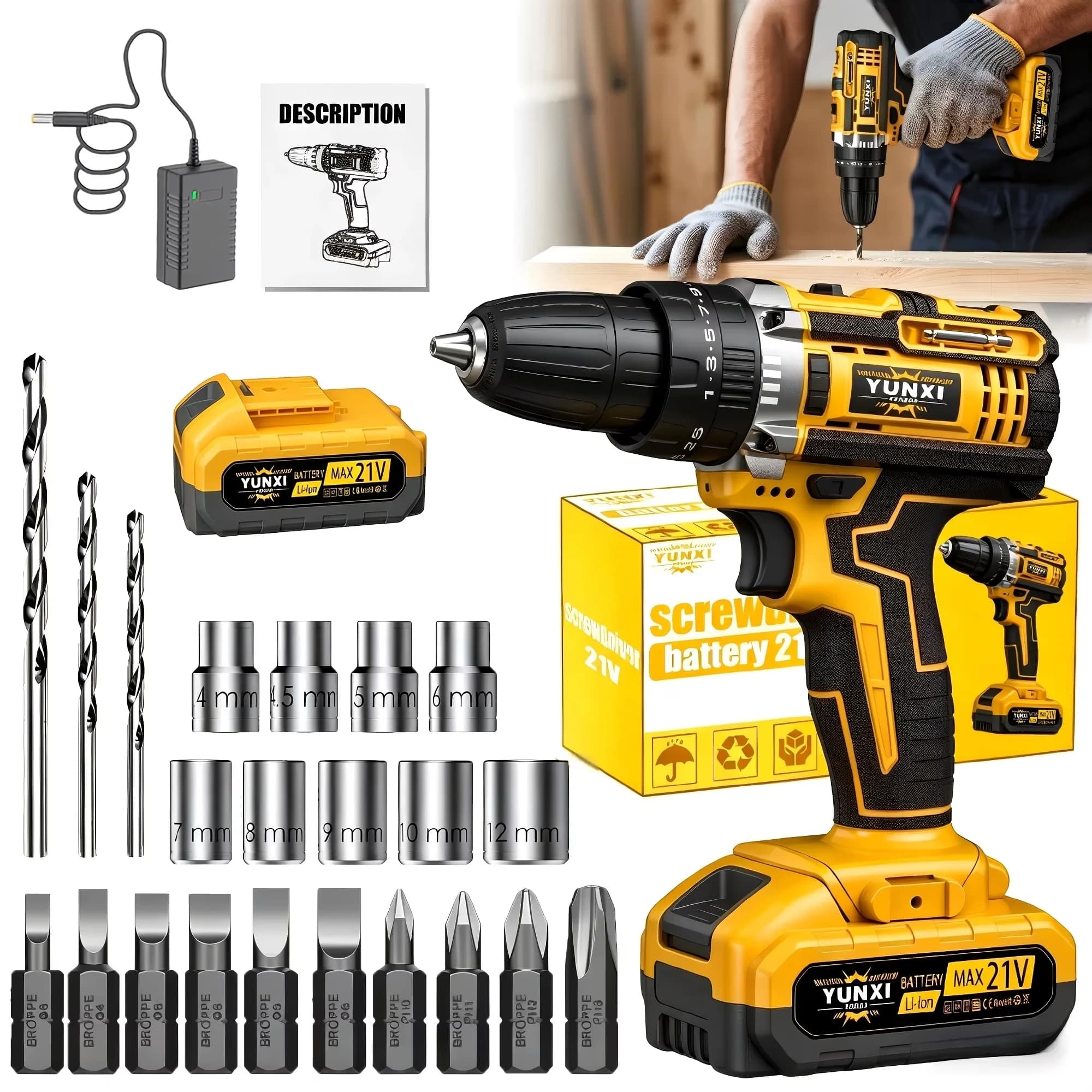 Classic Drills Driver with Battery, Cordless Impact Drill, Work Light for Home - Model 99B12E