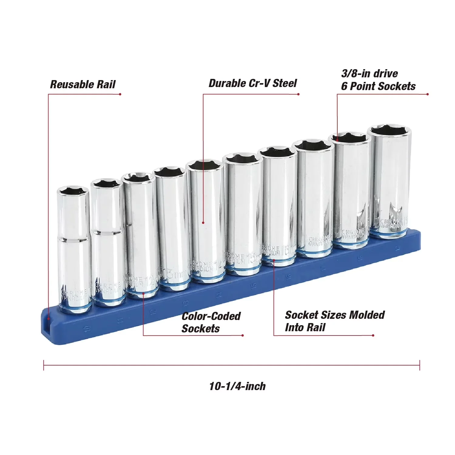Hand Tool Set Reliable with Long-Lasting, Removable, Reusable Socket Rail, 10 Deep Sockets - Steel Model D41047