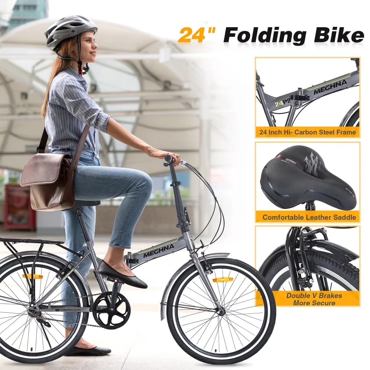 Stylish Road Bike with Foldable, 24 Inch Folding - Silver - Heavy Duty Model 088E65
